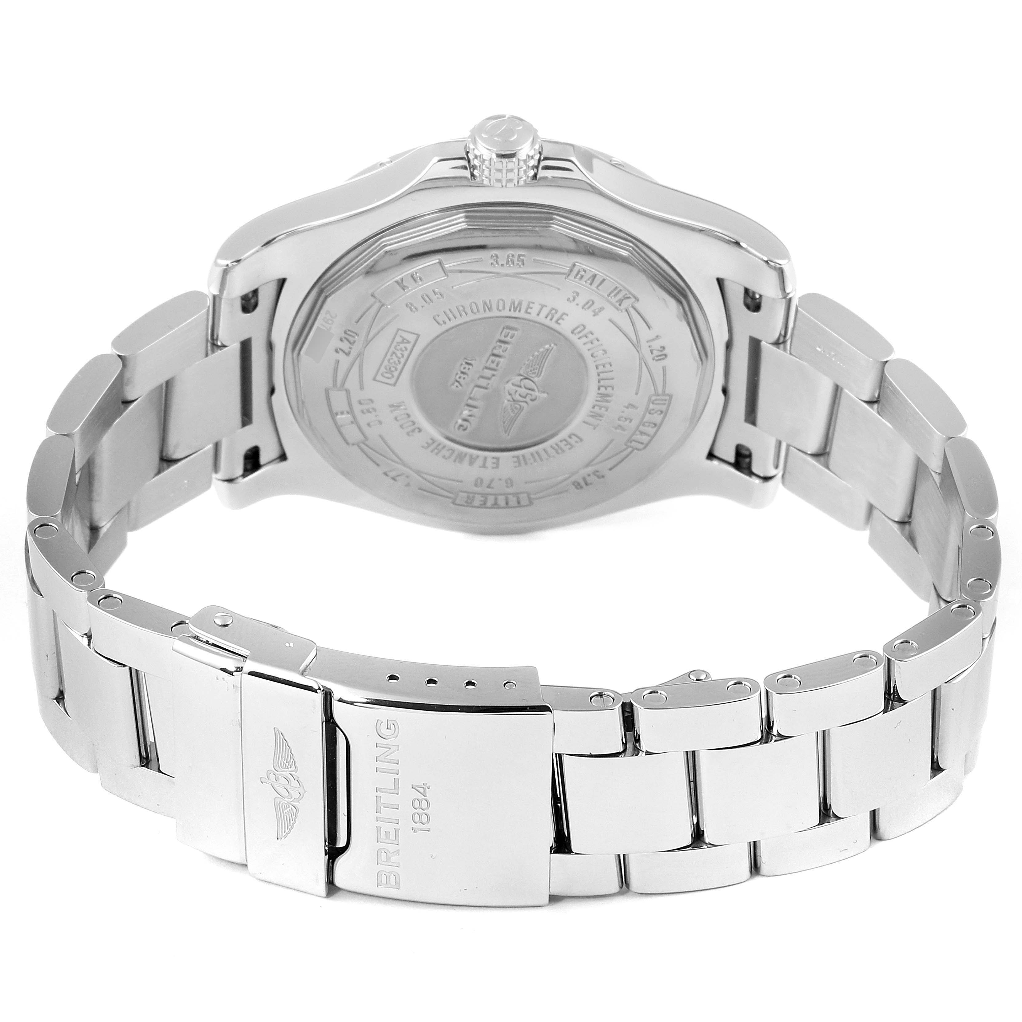 The image shows the back and bracelet of the Breitling Avenger A3239011-C872-170A Men's Stainless Steel Blue Dial A3239011-C872-170A Men's Stainless Steel Blue Dial watch, highlighting the clasp engraved with "Breitling 1884."