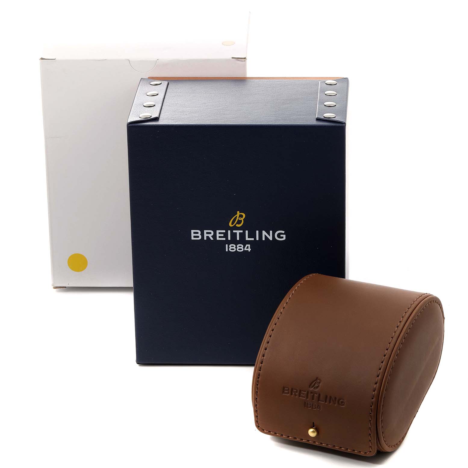 The image shows the Breitling Avenger A3239011-C872-170A Men's Stainless Steel Blue Dial A3239011-C872-170A Men's Stainless Steel Blue Dial watch packaging with a navy box, white outer box, and brown leather case.