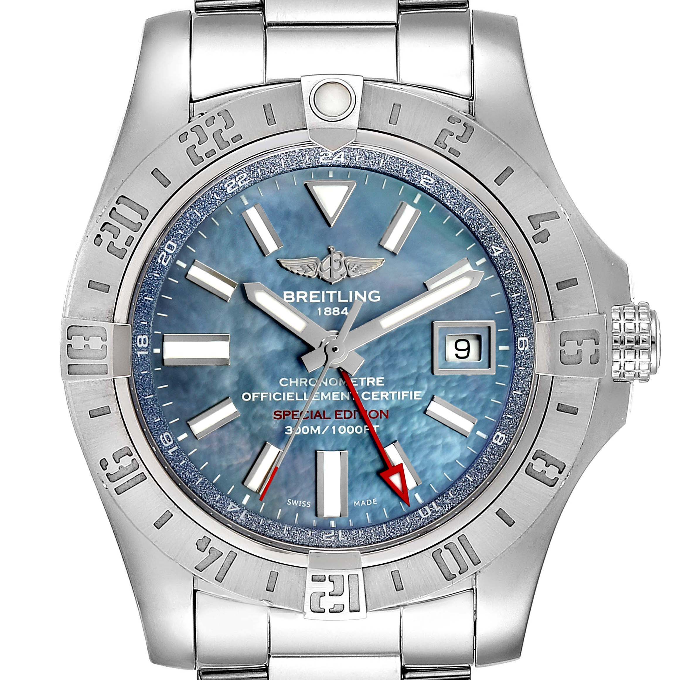 The image shows a frontal view of the Breitling Avenger A3239011-C872-170A Men's Stainless Steel Blue Dial A3239011-C872-170A Men's Stainless Steel Blue Dial watch, highlighting its dial, bezel, and bracelet.