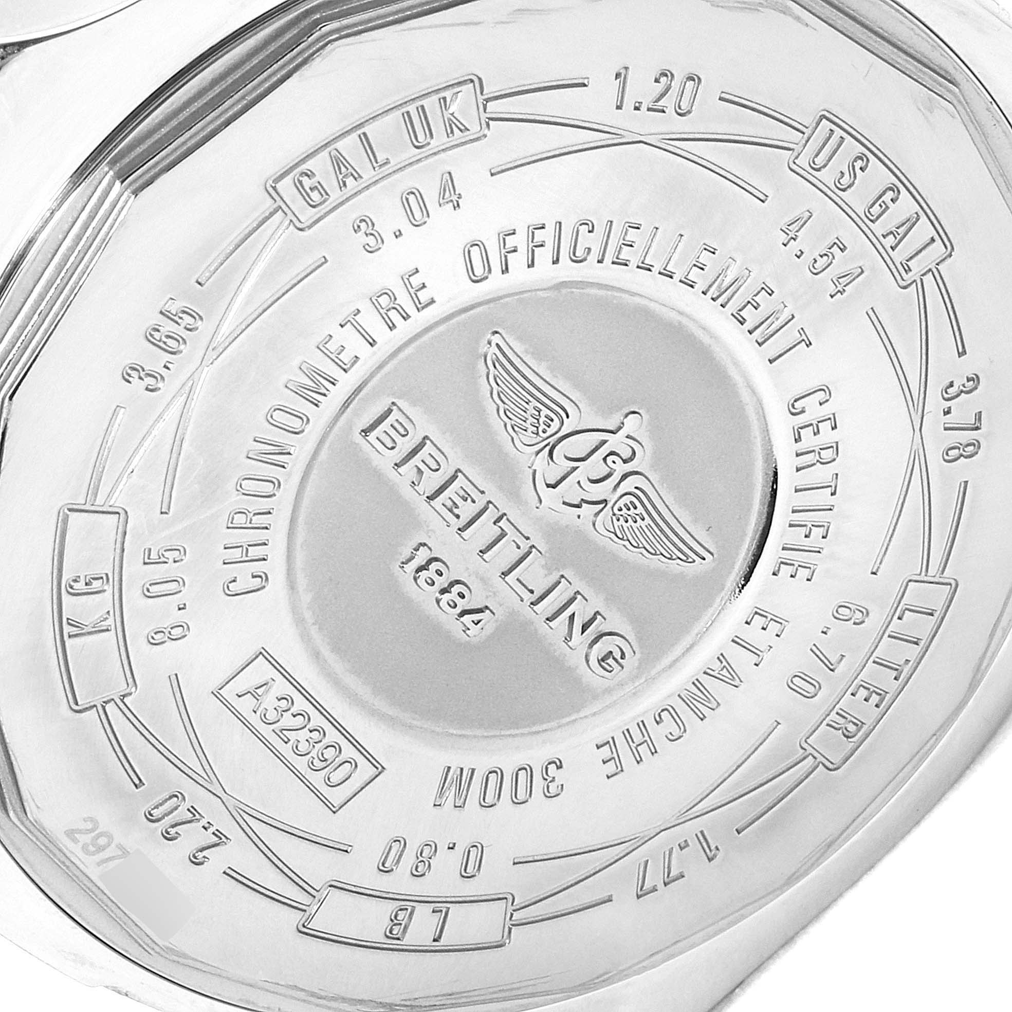 The image shows the back case of a Breitling Avenger A3239011-C872-170A Men's Stainless Steel Blue Dial A3239011-C872-170A Men's Stainless Steel Blue Dial watch with engravings and brand details.