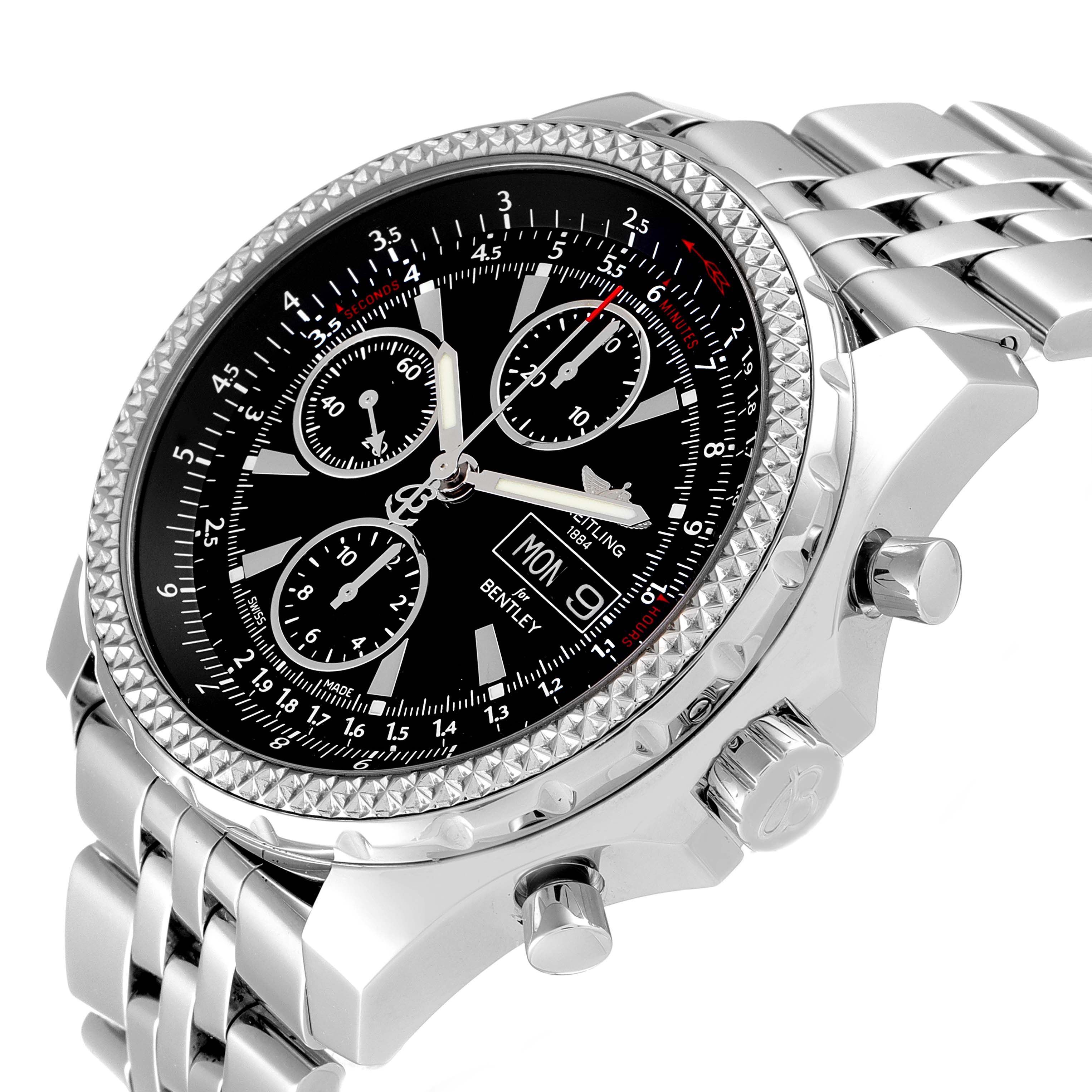 The Bentley model by Breitling is shown from an angled side view, displaying the face, bezel, chronograph dials, and metal bracelet.