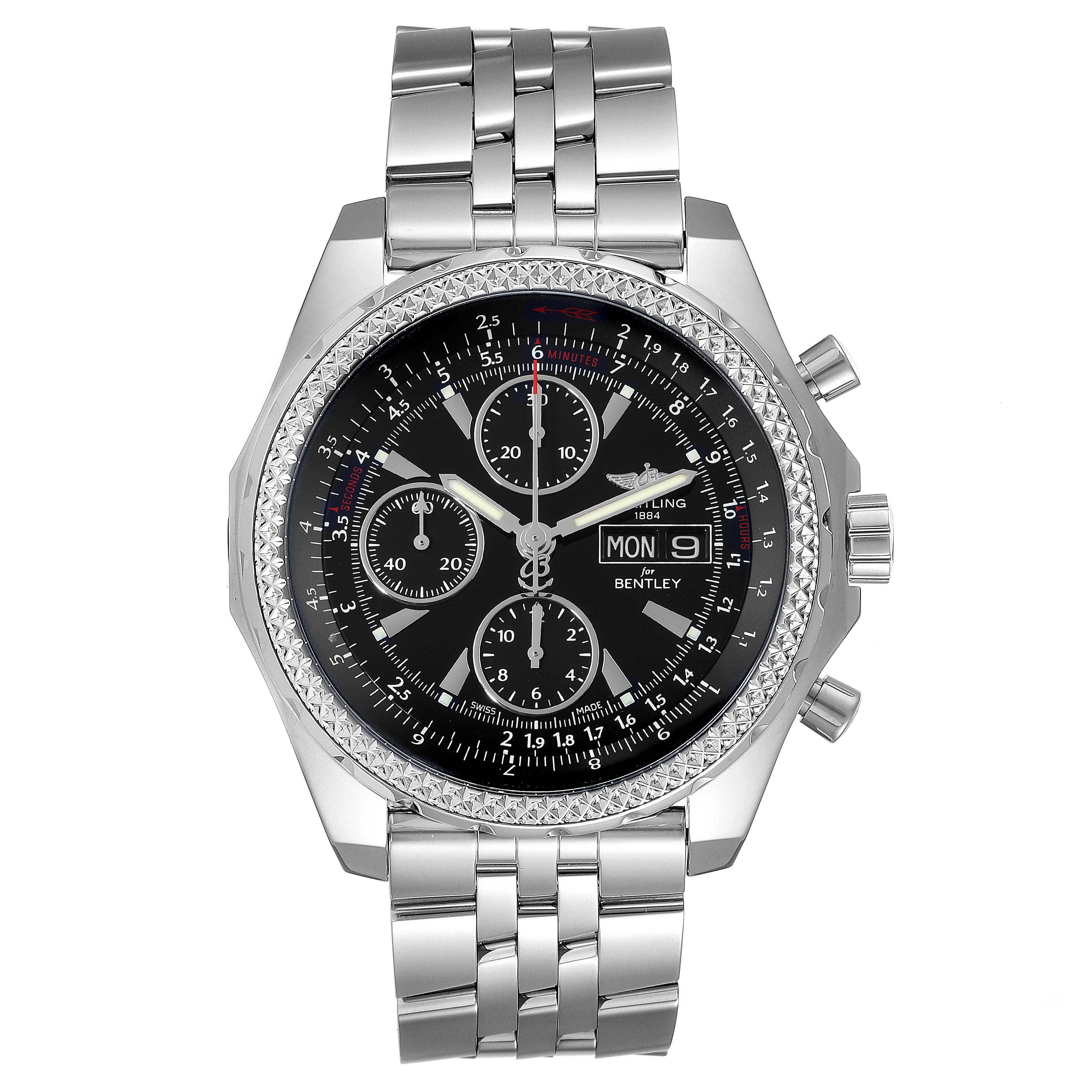 The image shows a front view of the Breitling Bentley A13362 Men's Stainless Steel Black Dial A13362 Men's Stainless Steel Black Dial model watch, highlighting its face, dials, and metal bracelet.