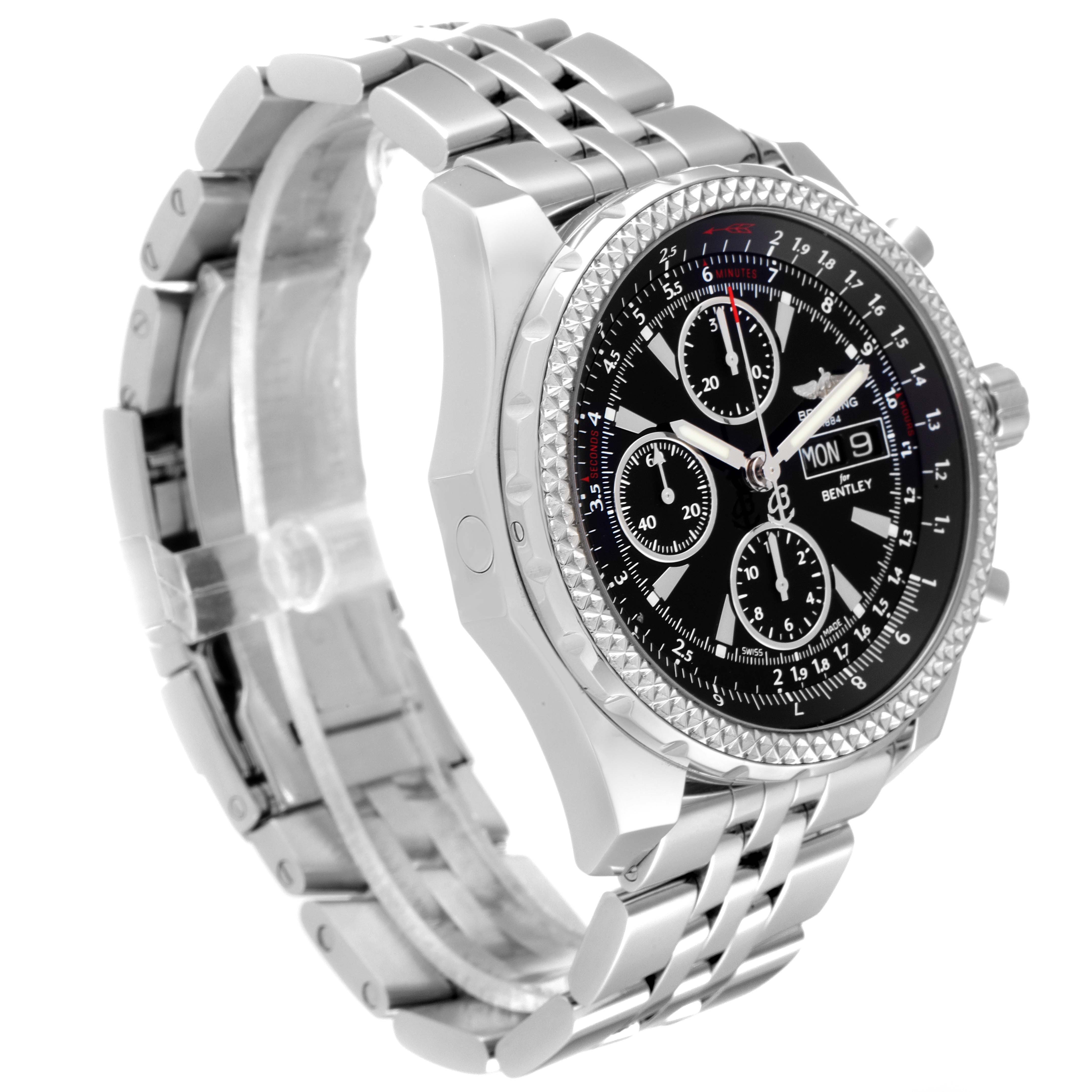 The image shows a Breitling Bentley A13362 Men's Stainless Steel Black Dial A13362 Men's Stainless Steel Black Dial model watch at a slight angle, highlighting its black dial, chronograph sub-dials, and metal bracelet.