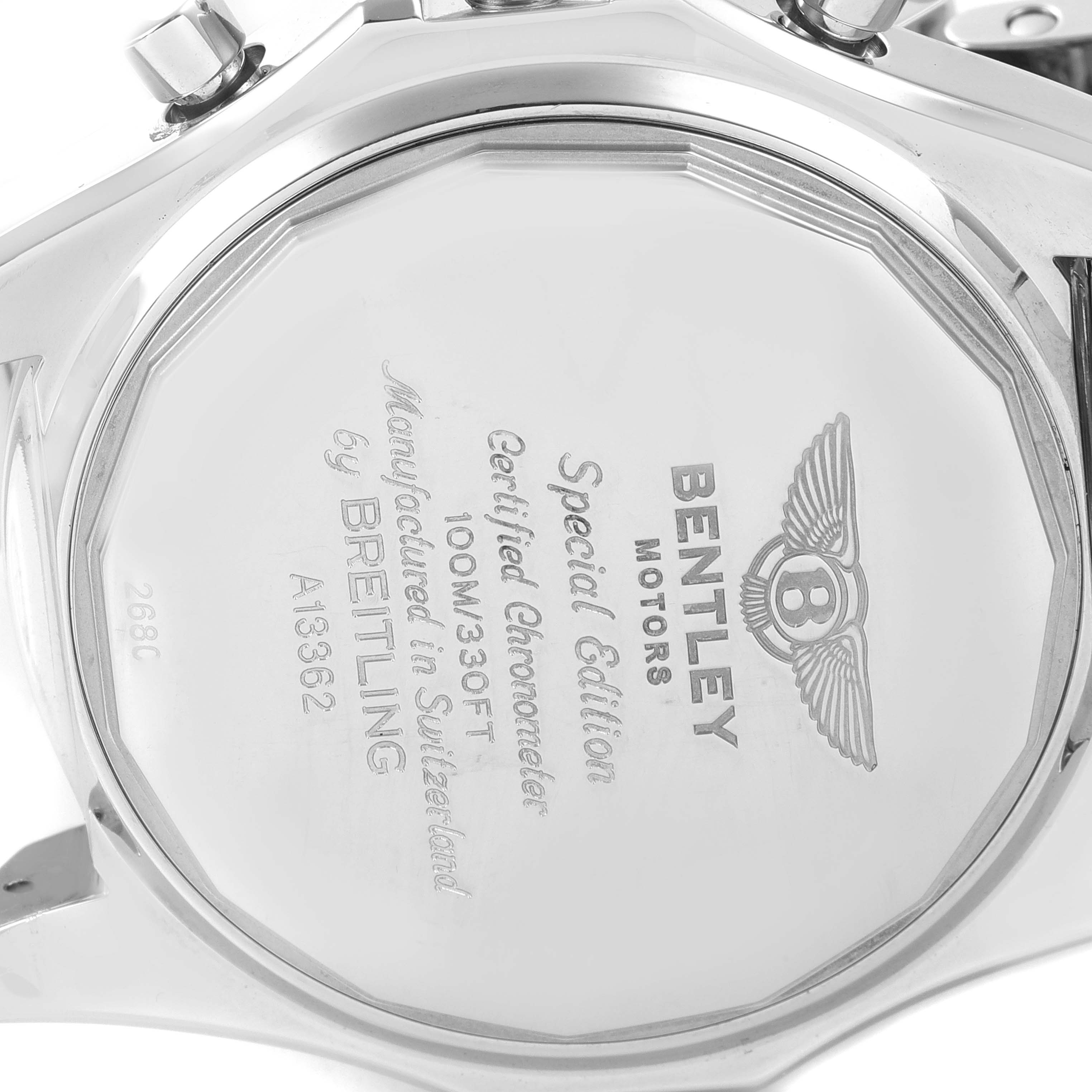 This image shows the back of a Bentley model by Breitling, highlighting its engravings and steel casing.