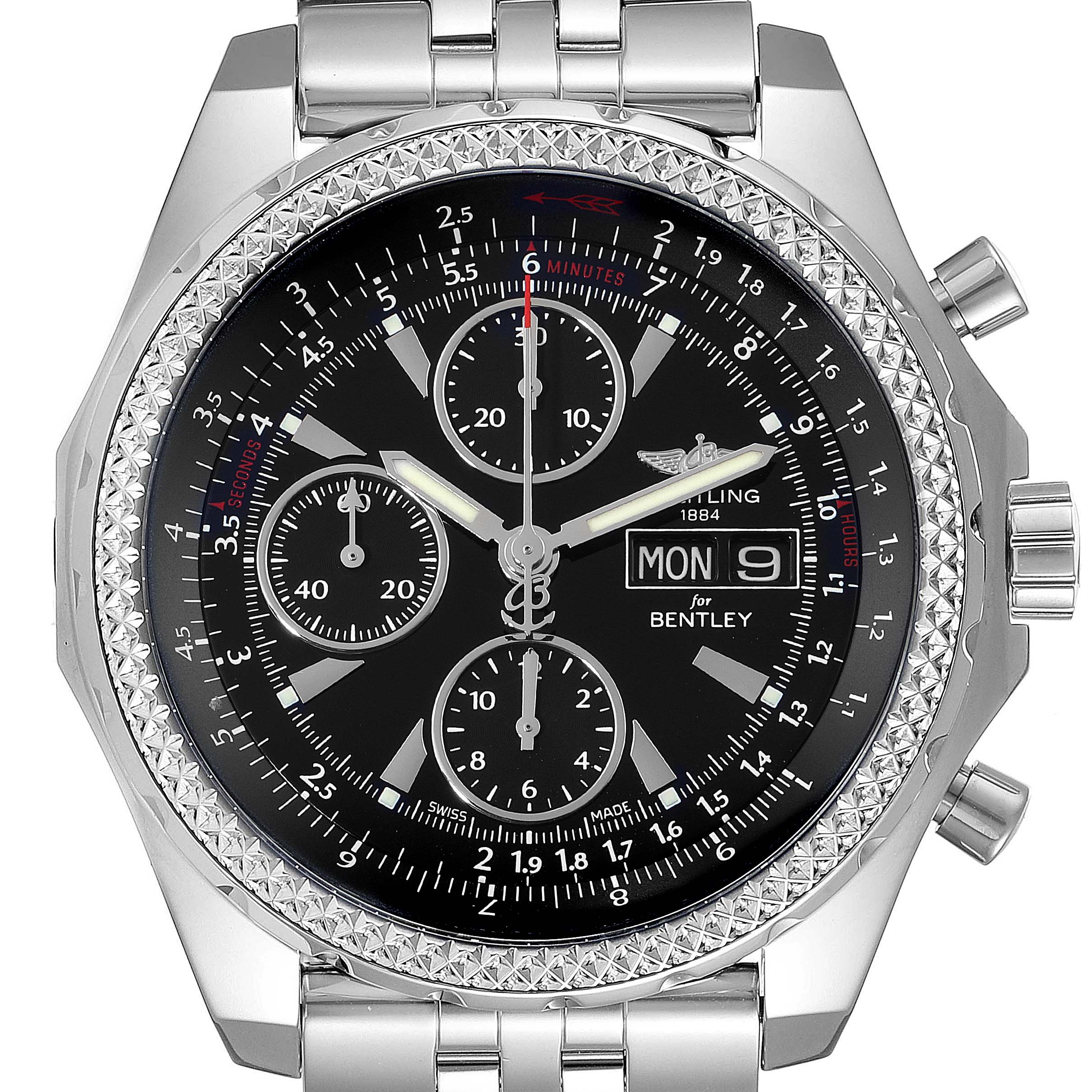 The image shows a front view of the Breitling Bentley A13362 Men's Stainless Steel Black Dial A13362 Men's Stainless Steel Black Dial watch, including its face, bezel, and part of the bracelet strap.