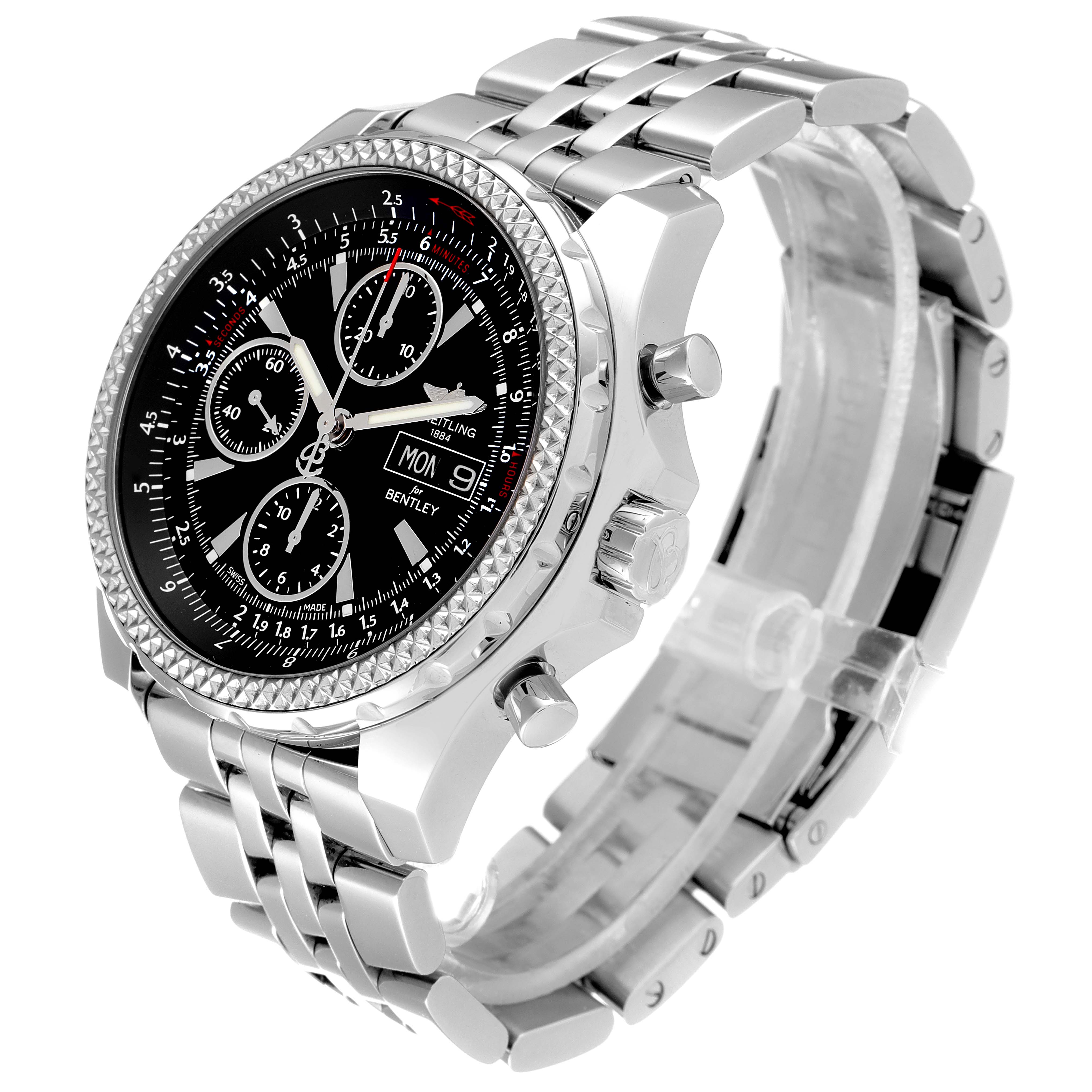 The image shows a side angle of the Breitling Bentley A13362 Men's Stainless Steel Black Dial A13362 Men's Stainless Steel Black Dial watch, highlighting the black dial, bezel, pushers, and metal bracelet.