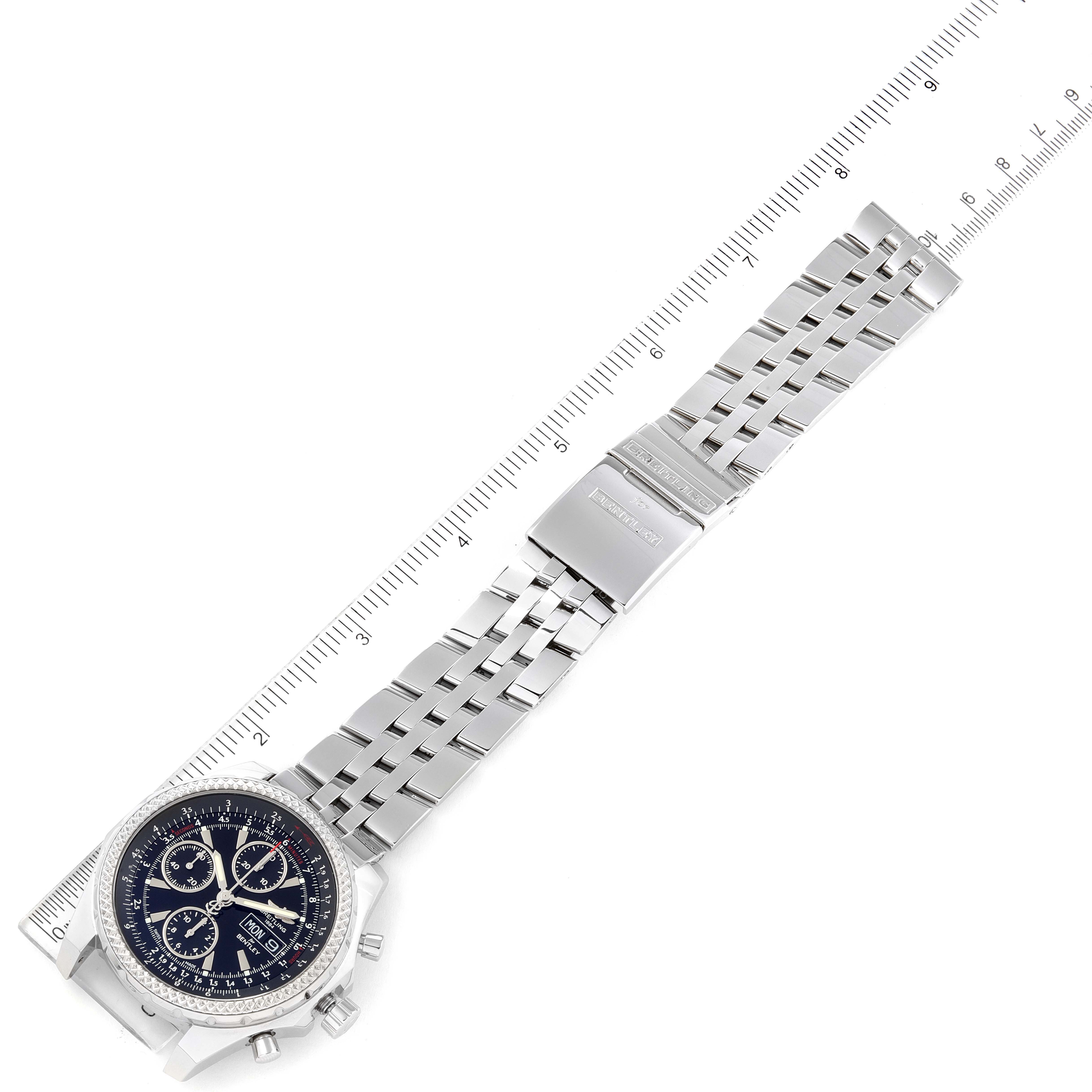 The image shows a Breitling Bentley A13362 Men's Stainless Steel Black Dial A13362 Men's Stainless Steel Black Dial watch placed flat, highlighting its metal bracelet, clasp, and face with measurement markings.