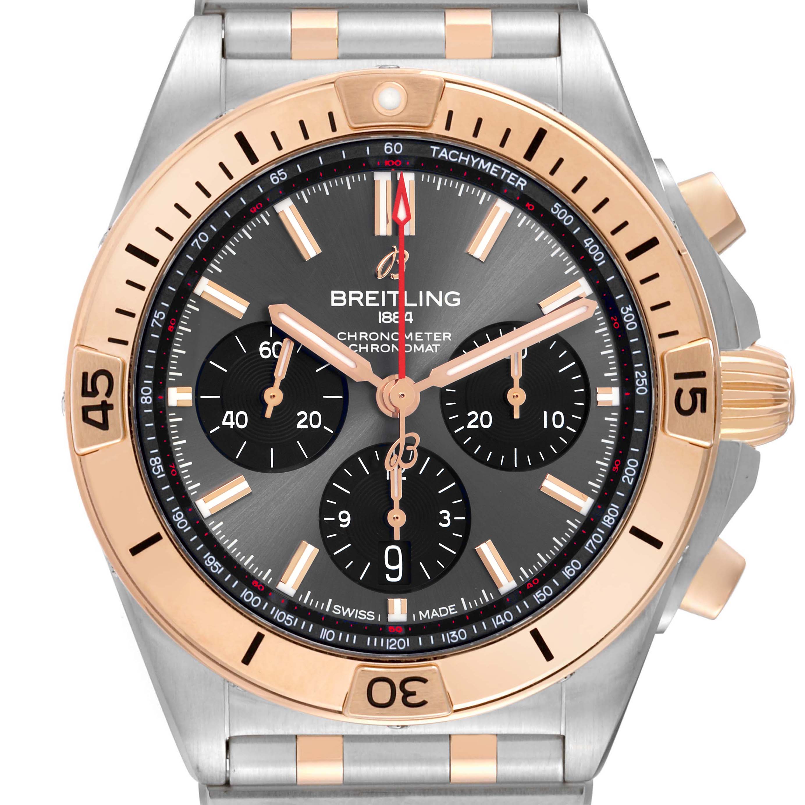 The Breitling Chronomat UB0134 Men's Steel and Gold (two tone) Grey Dial watch is shown from a front angle, displaying its bezel, dial, and pushers.