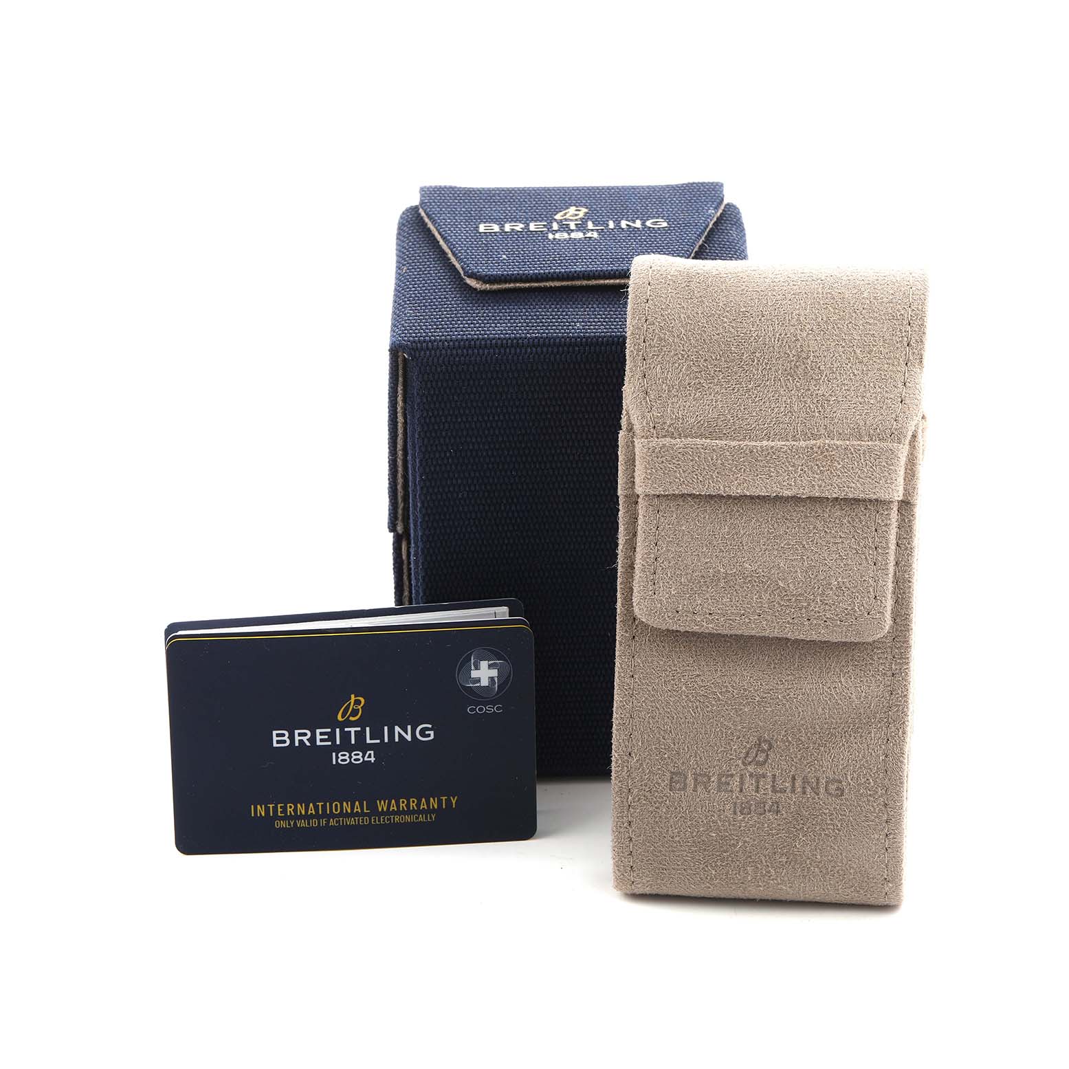 The image shows watch accessories for a Breitling Chronomat UB0134 Men's Steel and Gold (two tone) Grey Dial: a blue box, beige case, and international warranty card.