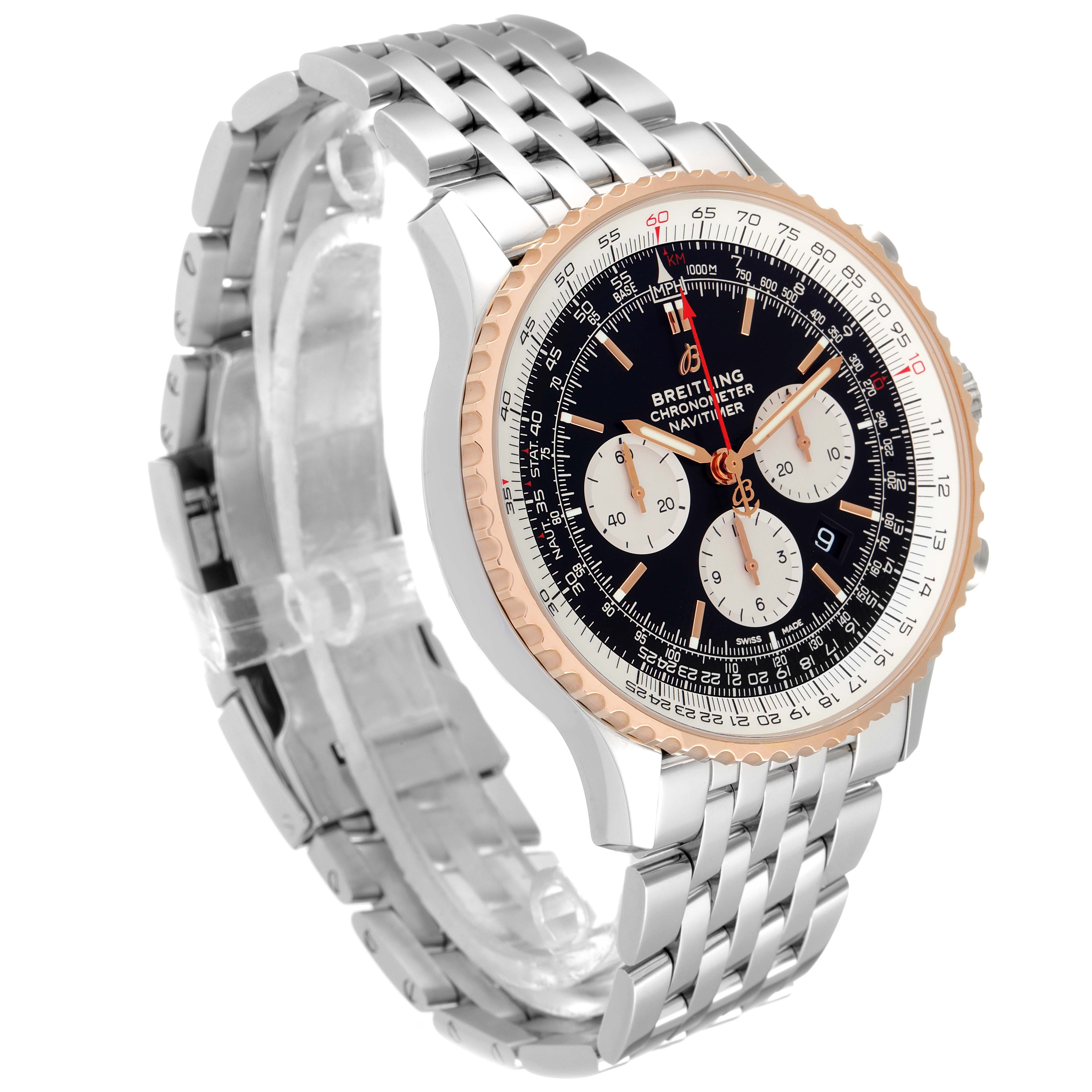 This image shows a Breitling Navitimer UB0127 Men's Steel and Gold (two tone) Black Dial UB0127 Men's Steel and Gold (two tone) Black Dial watch angled to display the face, bezel, and stainless steel band.