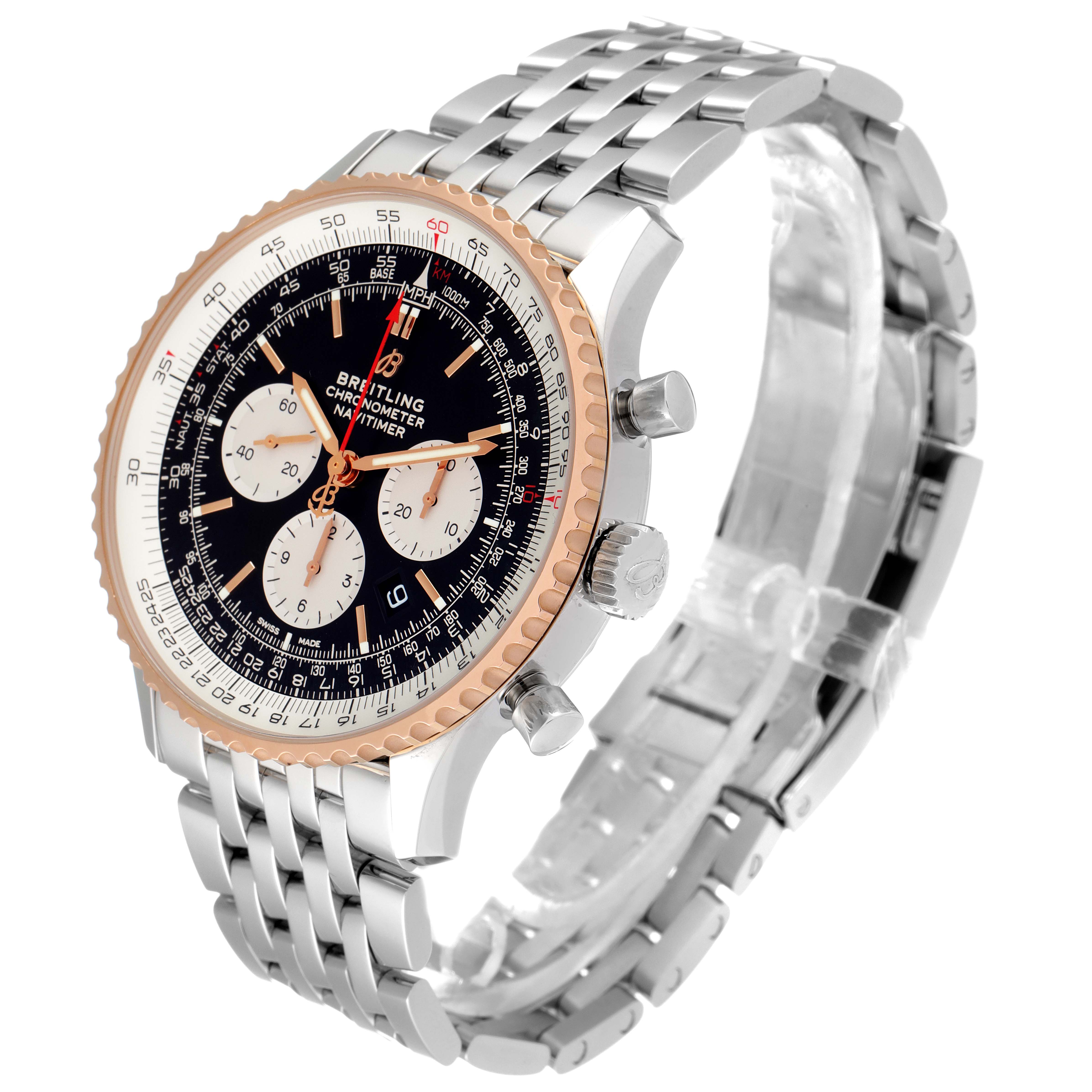 The Breitling Navitimer UB0127 Men's Steel and Gold (two tone) Black Dial UB0127 Men's Steel and Gold (two tone) Black Dial watch is shown at a front-left angle, displaying its dial, bezel, and bracelet.