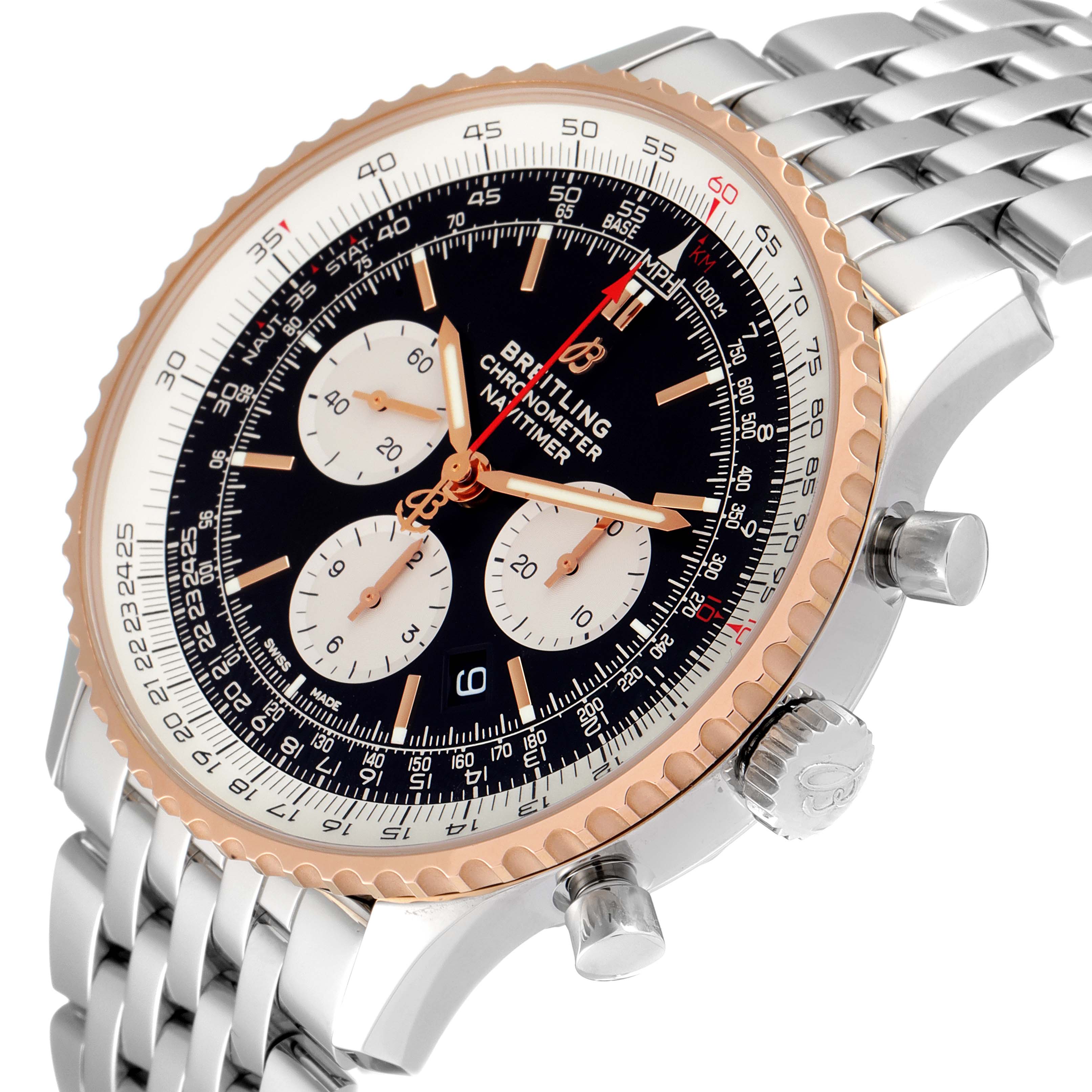 The Breitling Navitimer UB0127 Men's Steel and Gold (two tone) Black Dial UB0127 Men's Steel and Gold (two tone) Black Dial watch is shown at an angle displaying its bezel, dial, chronograph subdials, and bracelet.