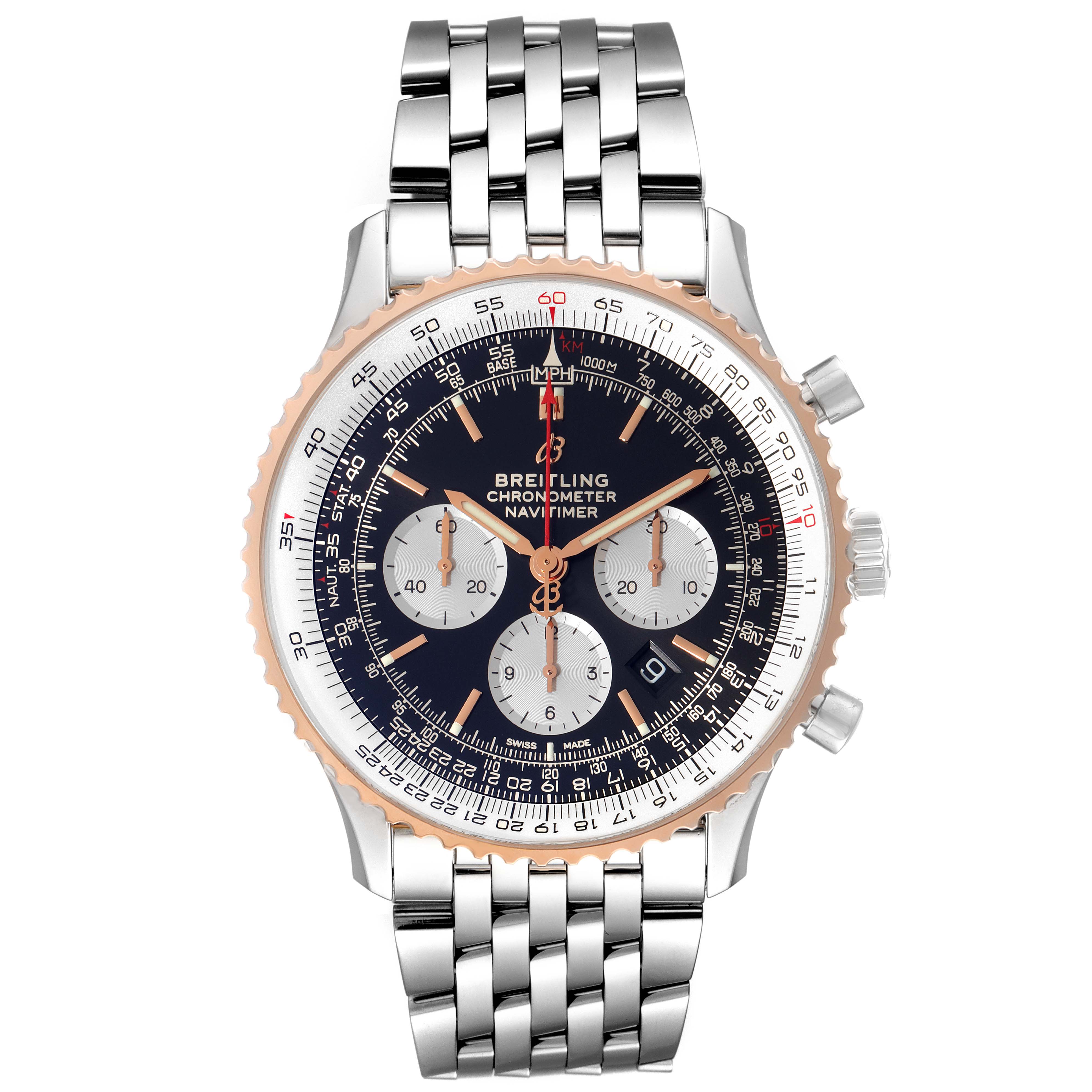 This Breitling Navitimer UB0127 Men's Steel and Gold (two tone) Black Dial UB0127 Men's Steel and Gold (two tone) Black Dial model watch is shown from a front angle, displaying its dial, sub-dials, bezel, and metal bracelet.