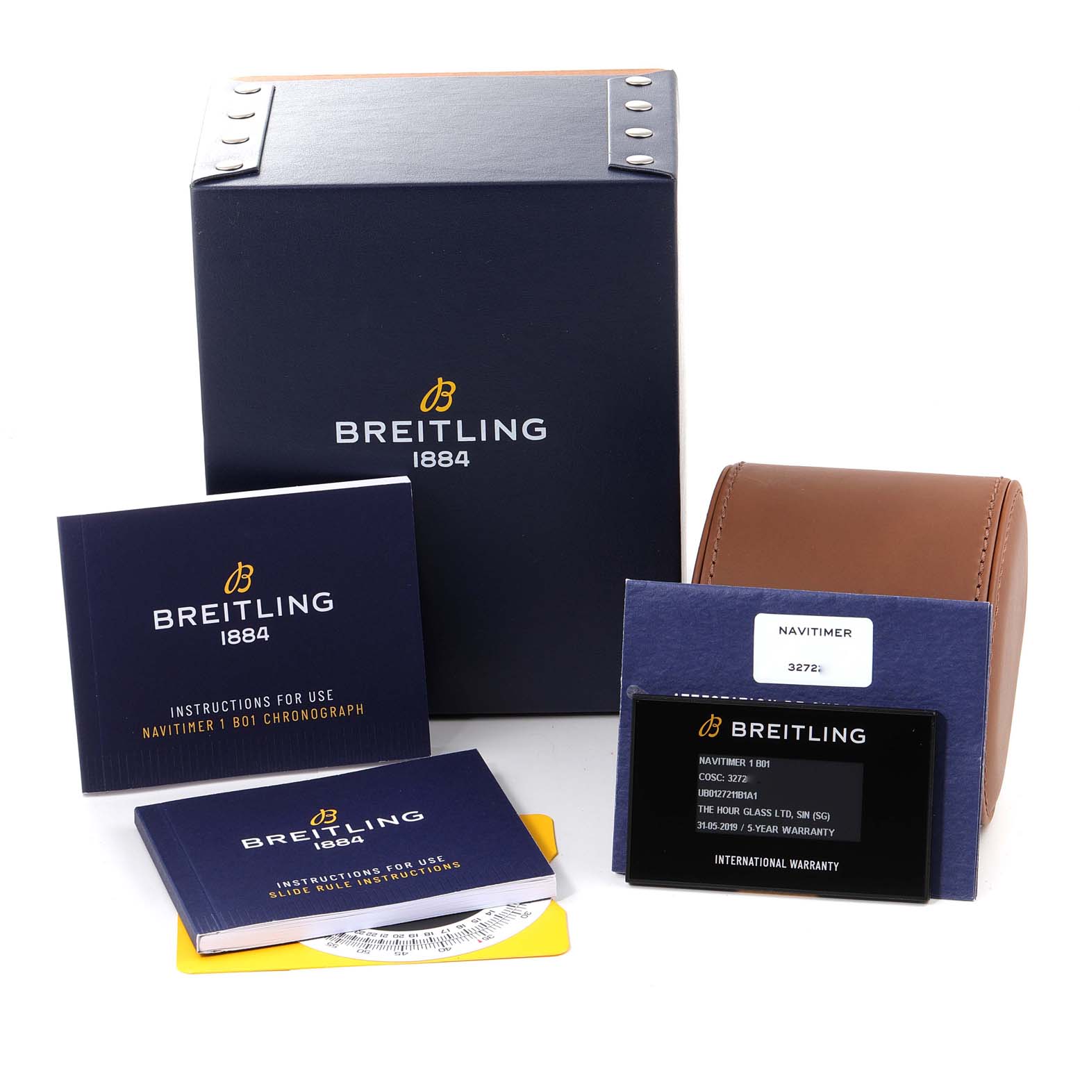 The image shows the accessories including the packaging, instruction manuals, warranty card, and a leather case for a Breitling Navitimer UB0127 Men's Steel and Gold (two tone) Black Dial UB0127 Men's Steel and Gold (two tone) Black Dial watch.