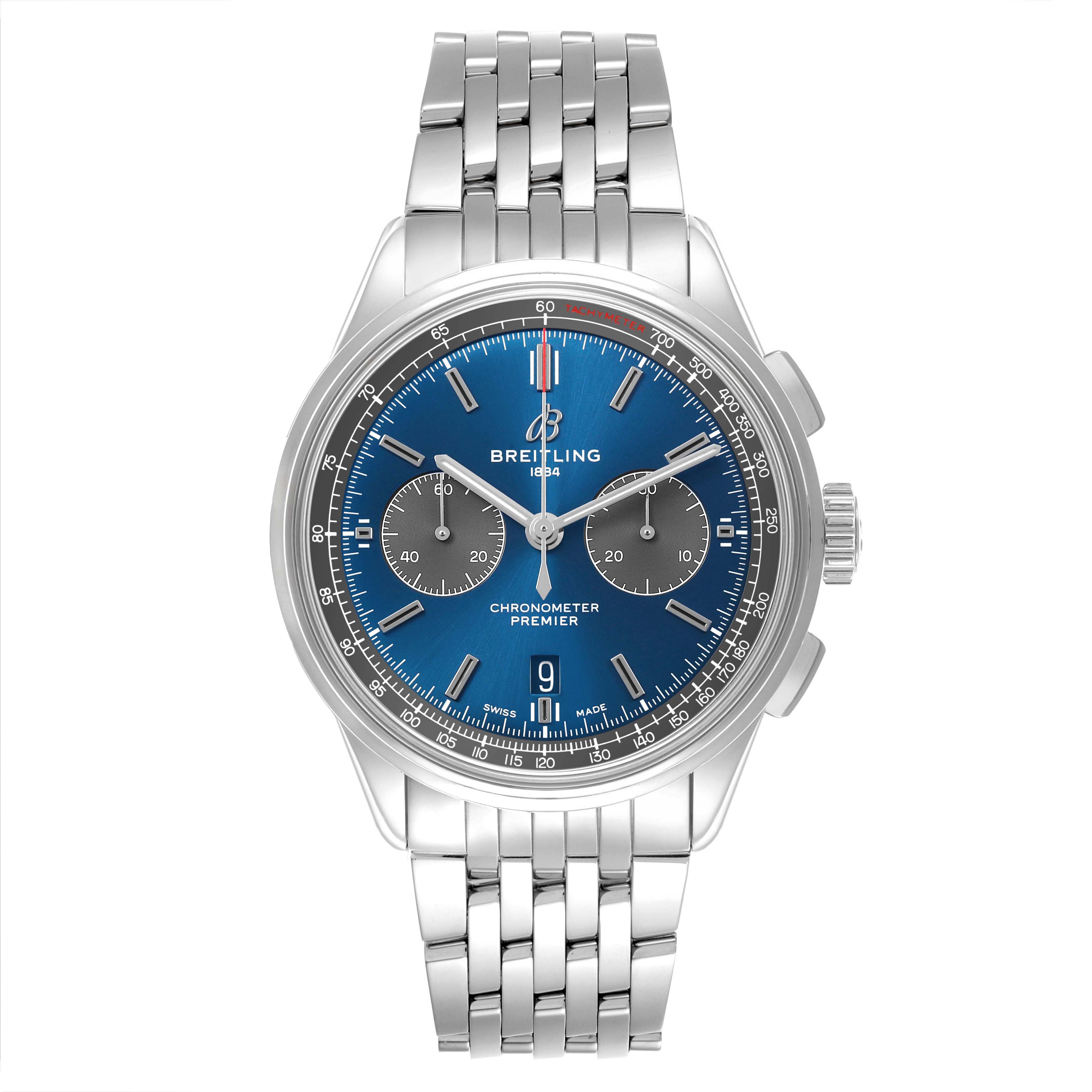 The Breitling Premier AB0118A61C1A1 Men's Stainless Steel Blue Dial watch is shown from a front angle, displaying its blue dial, two subdials, and stainless steel bracelet.