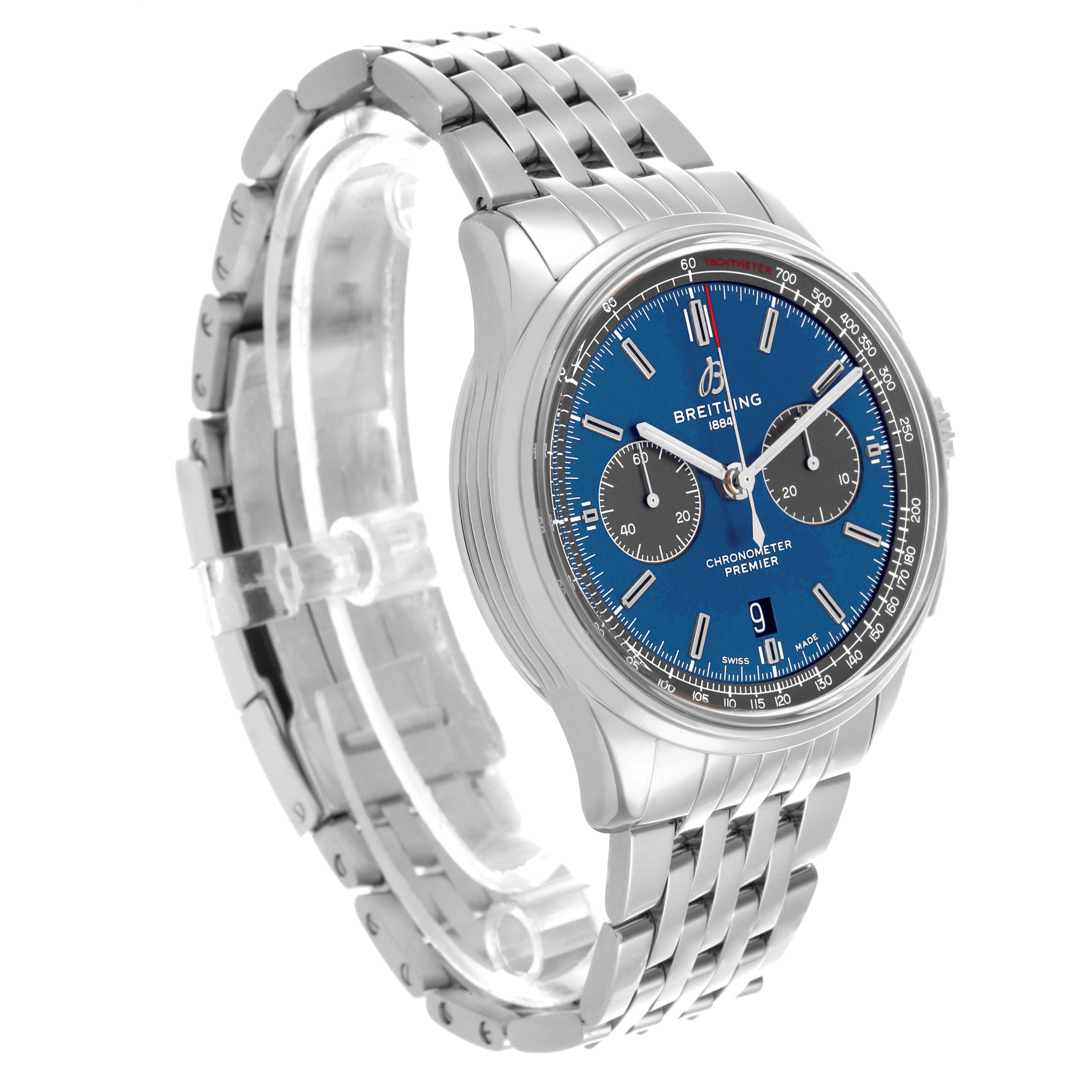 The Breitling Premier AB0118A61C1A1 Men's Stainless Steel Blue Dial watch is shown at a three-quarter angle, highlighting its dial, bezel, and metal bracelet.