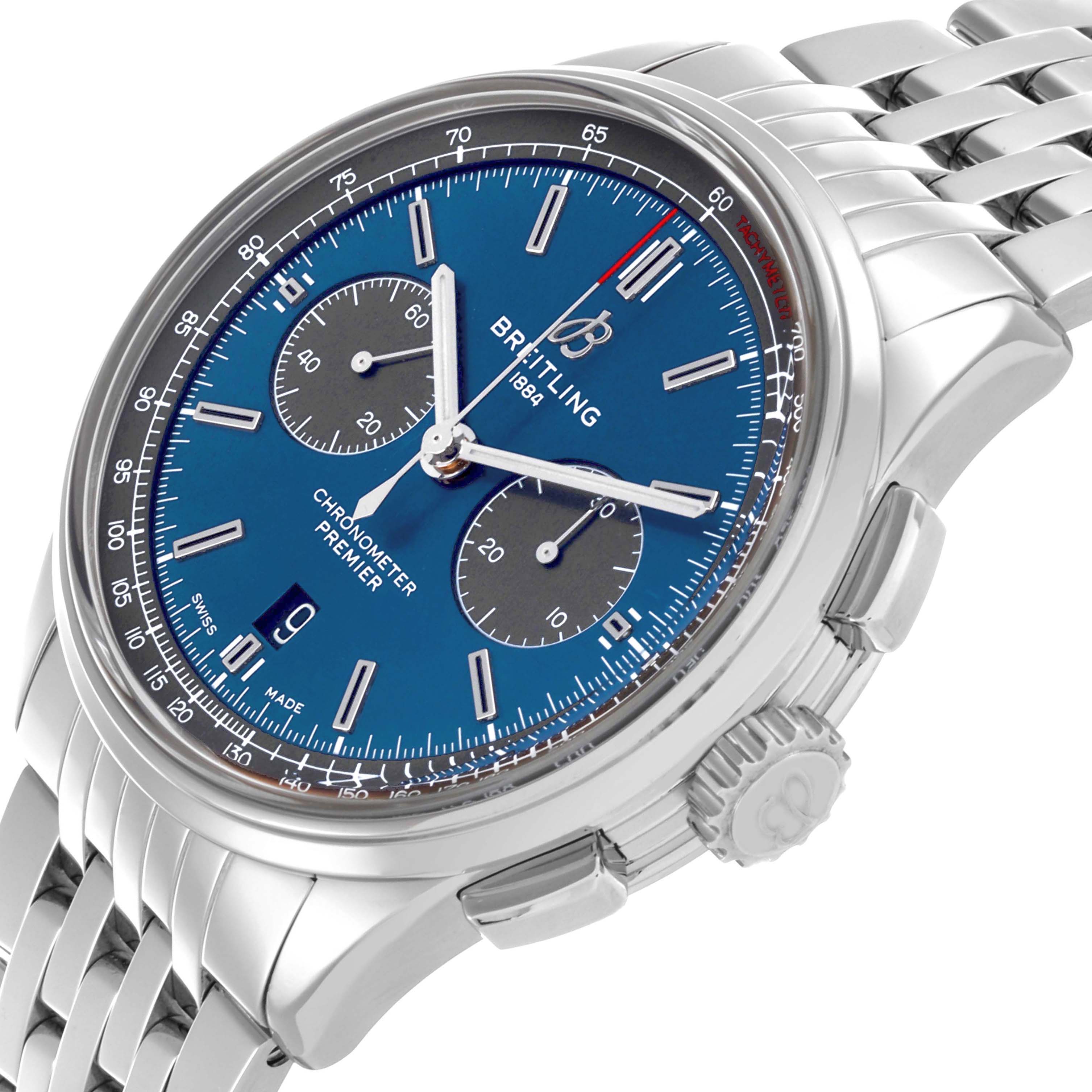 The Breitling Premier AB0118A61C1A1 Men's Stainless Steel Blue Dial watch is shown at an angle highlighting its blue dial, chronograph sub-dials, and stainless steel bracelet.