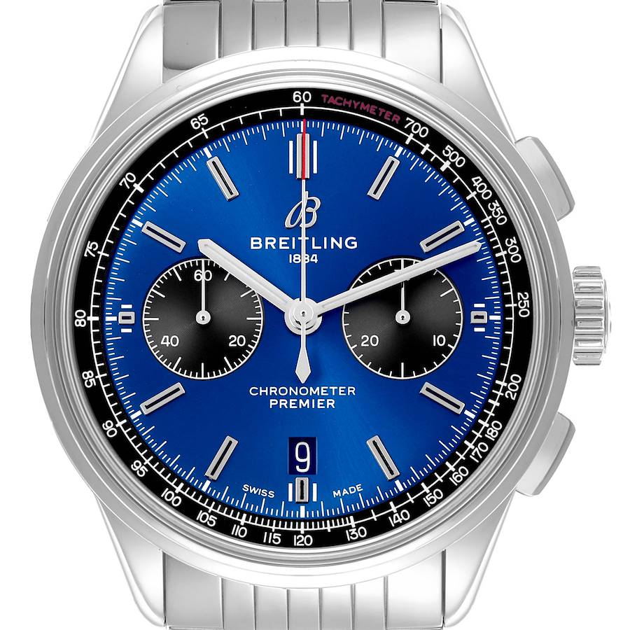 The Breitling Premier watch is shown from the front, displaying the dial, tachymeter, chronograph subdials, and bracelet.