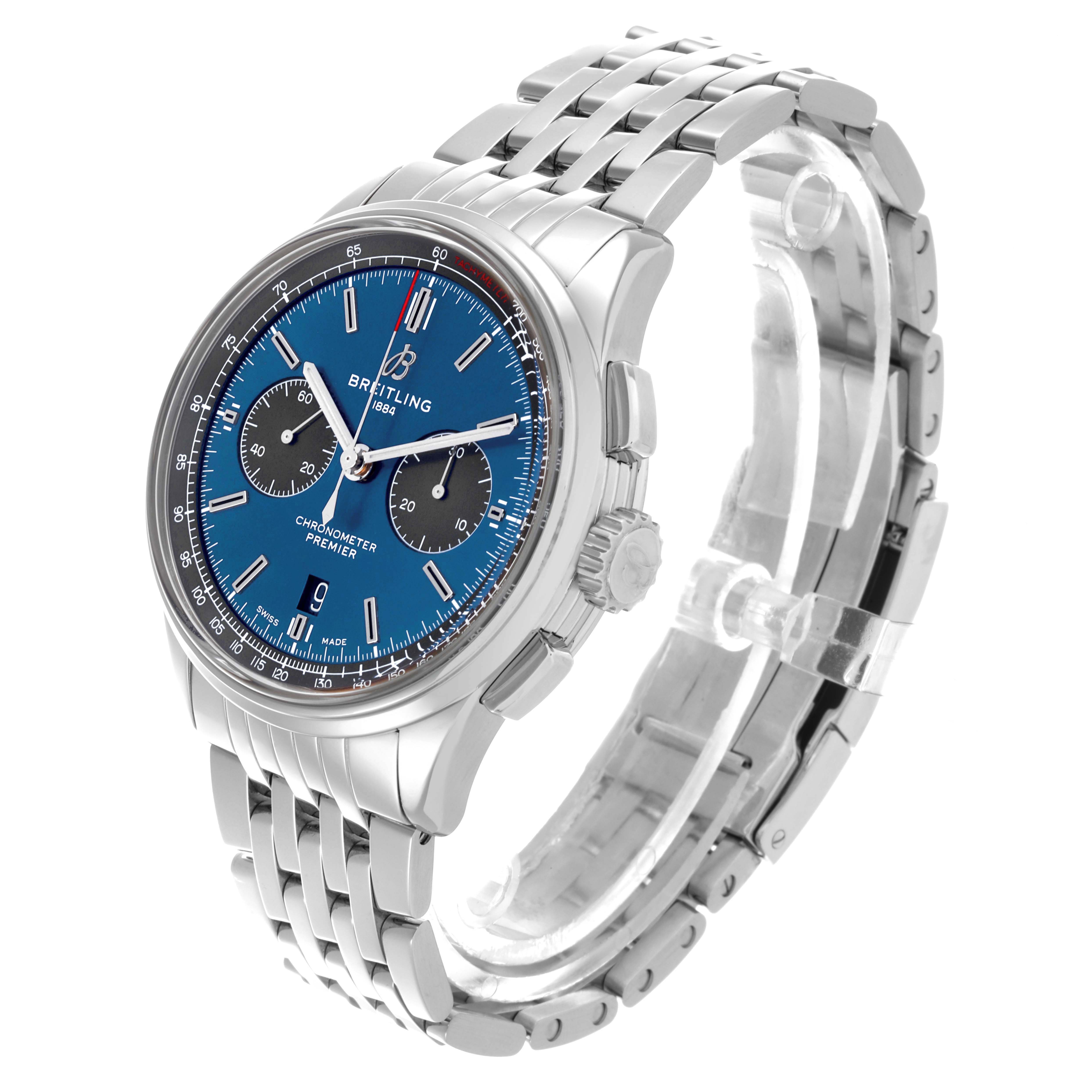 The Breitling Premier AB0118A61C1A1 Men's Stainless Steel Blue Dial watch is shown at a three-quarter angle, highlighting the blue dial, subdials, and stainless steel bracelet.