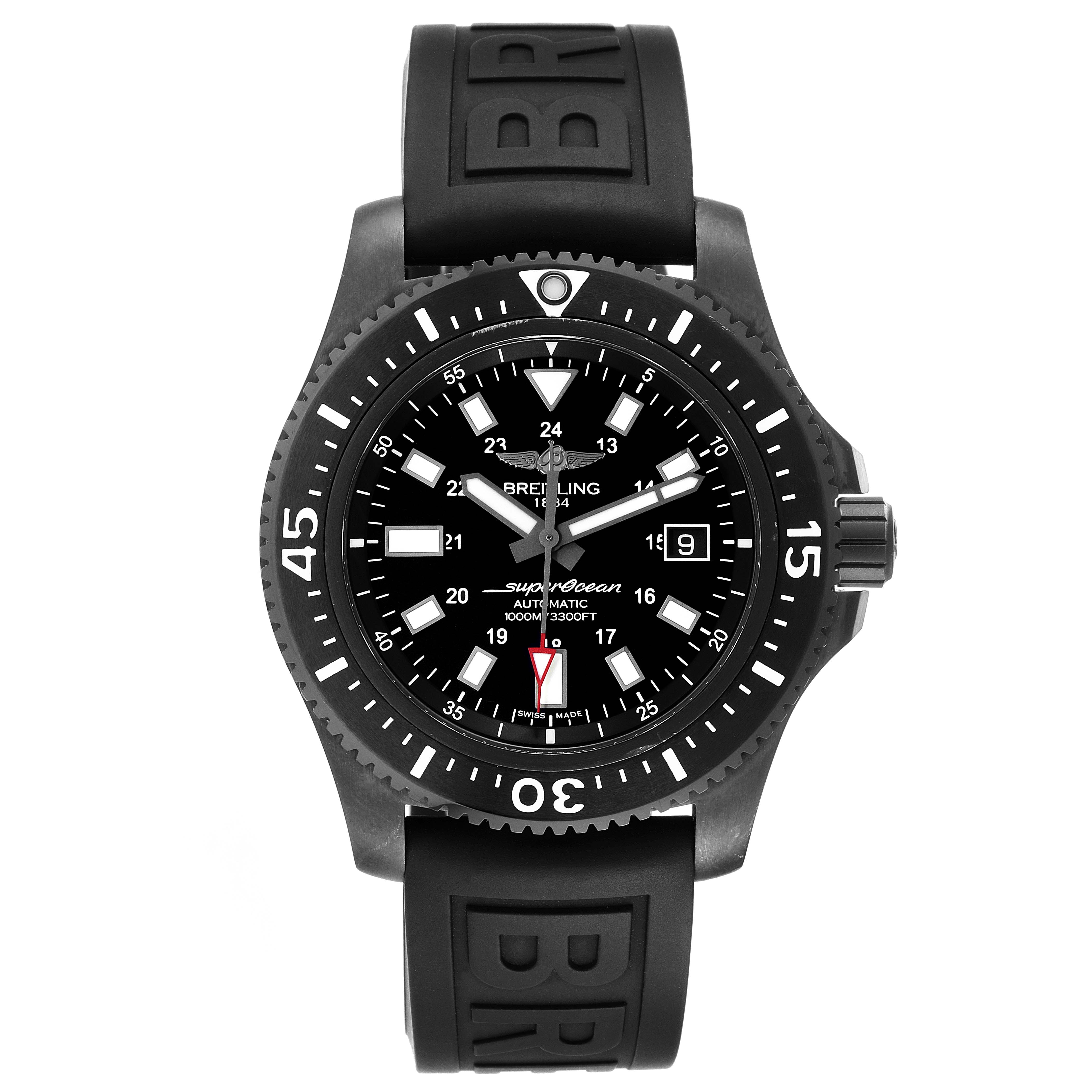 The image shows a front view of the Breitling Superocean M17393 Men's Stainless Steel Black Dial M17393 Men's Stainless Steel Black Dial watch, highlighting its dial, bezel, and rubber strap.