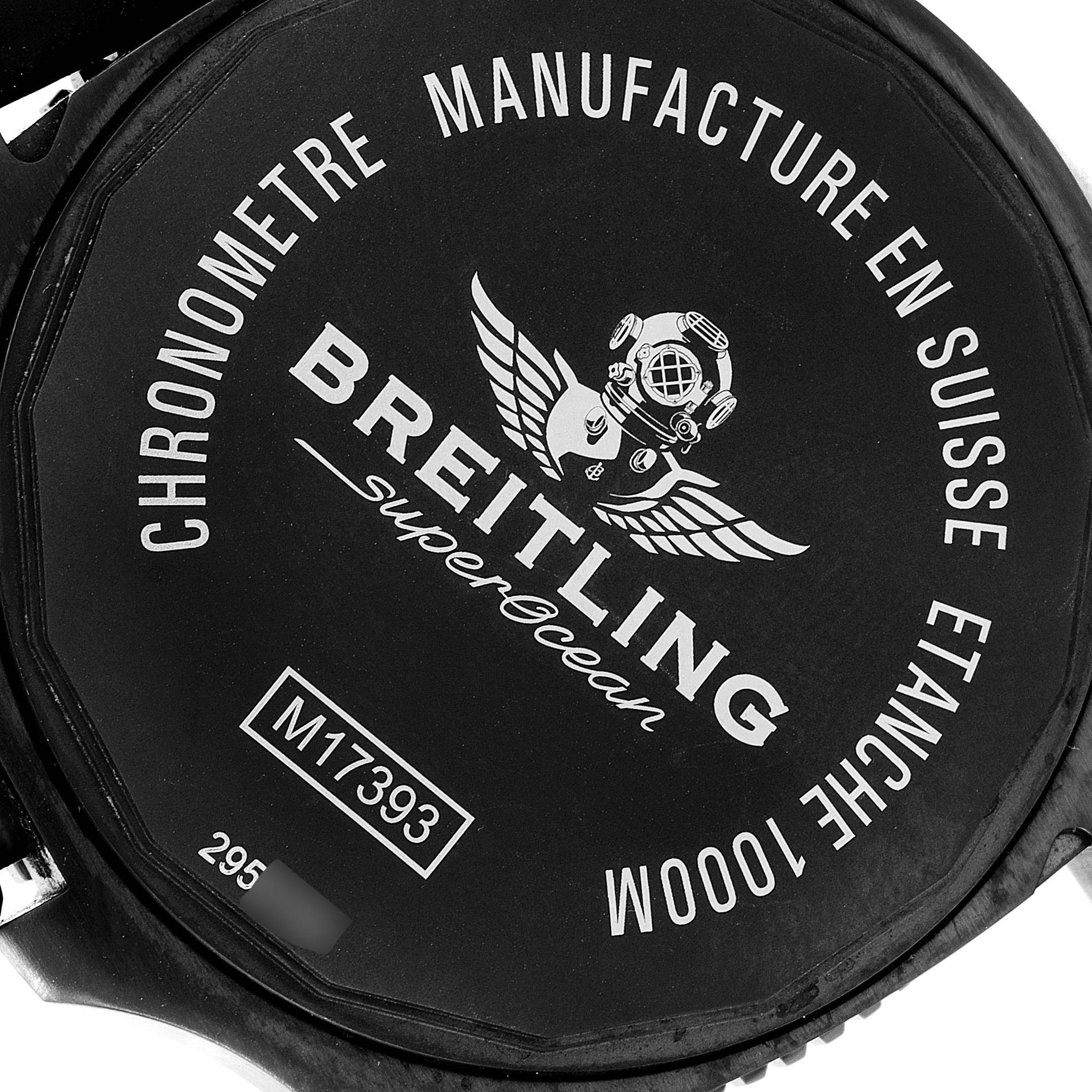 This image shows the case back of a Breitling Superocean M17393 Men's Stainless Steel Black Dial M17393 Men's Stainless Steel Black Dial watch displaying its model number and key specifications.