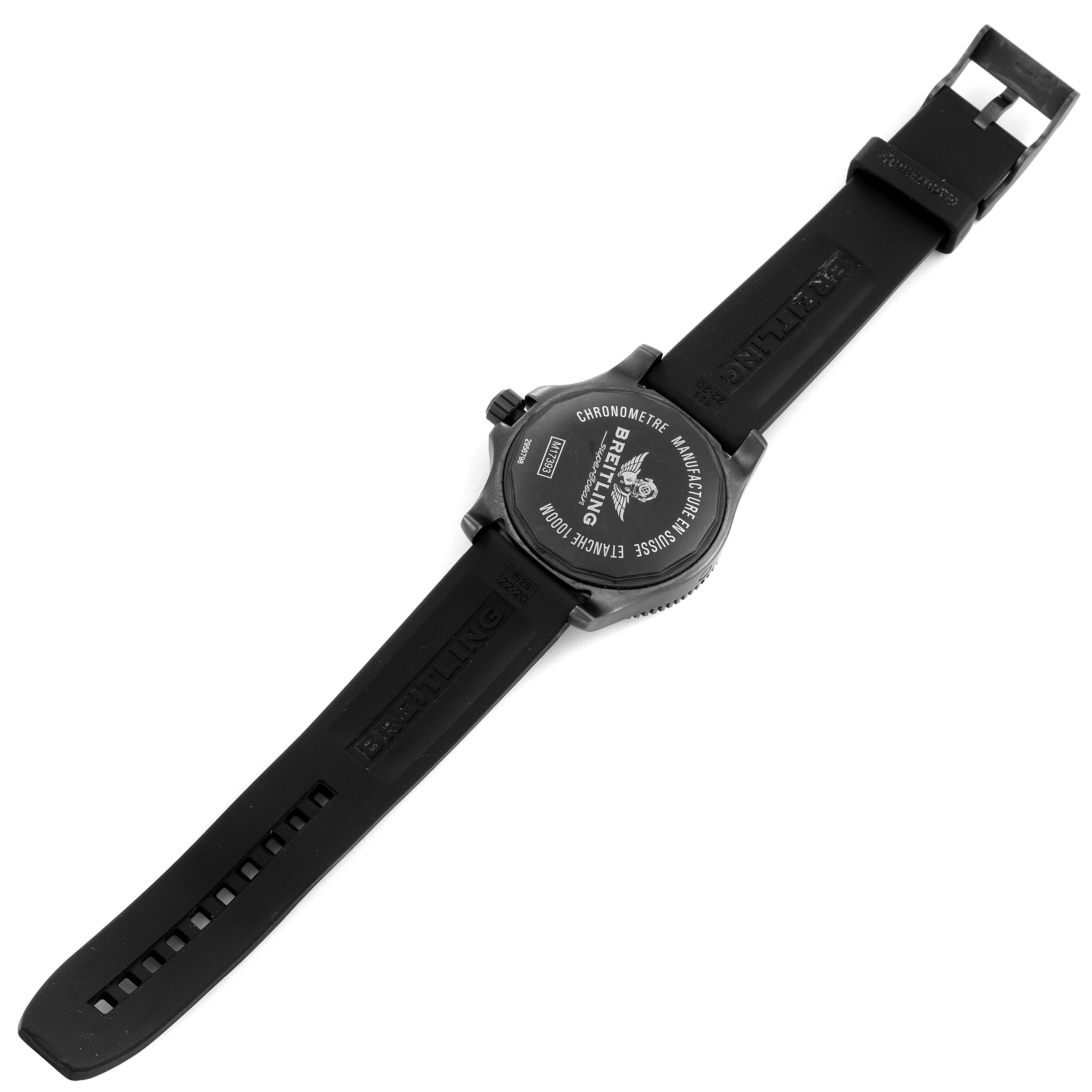 The image shows the back view of a Breitling Superocean M17393 Men's Stainless Steel Black Dial M17393 Men's Stainless Steel Black Dial watch, highlighting the case back and the rubber strap with the clasp.