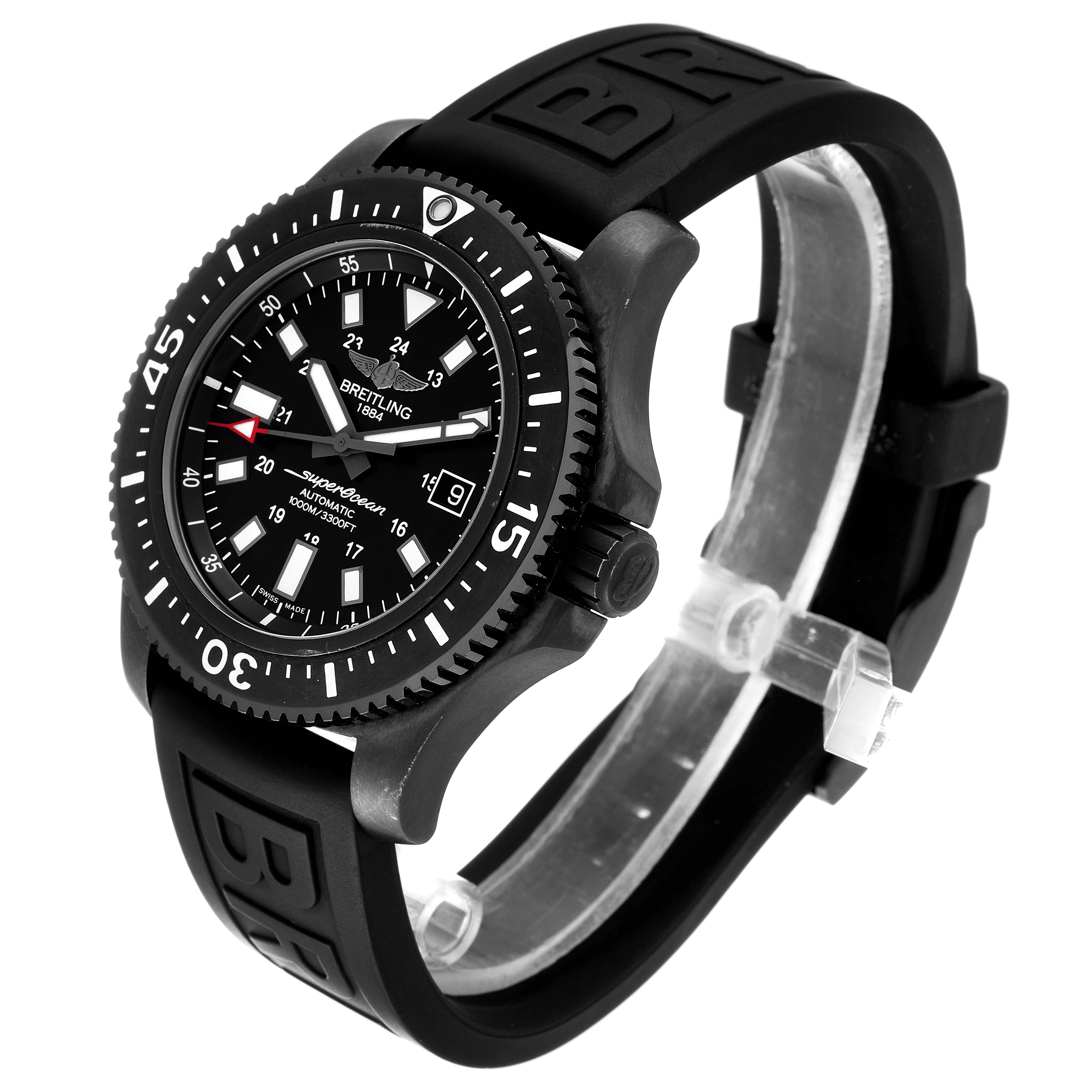 The image shows a Breitling Superocean M17393 Men's Stainless Steel Black Dial M17393 Men's Stainless Steel Black Dial watch at an angle showcasing the face, bezel, and black rubber strap.