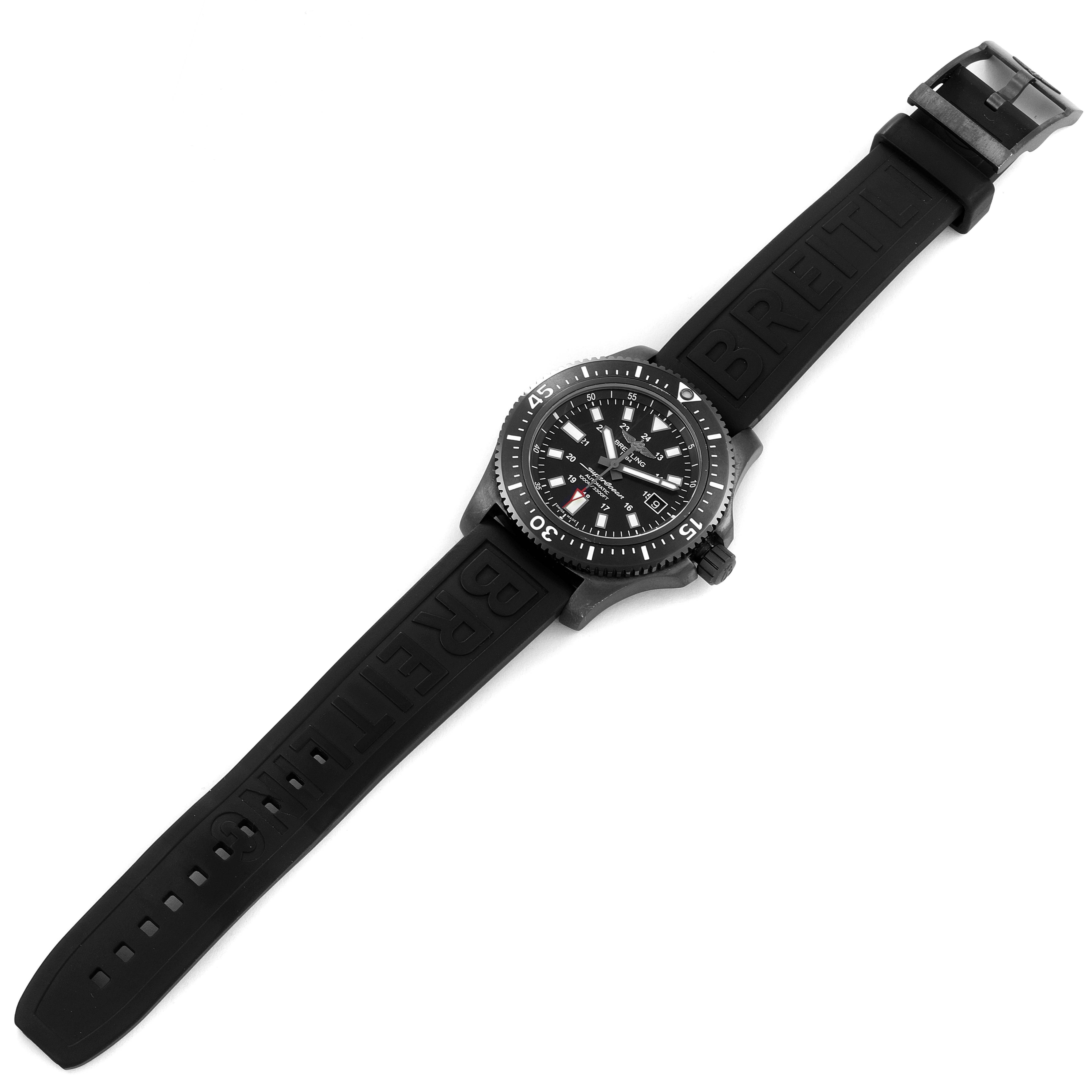 This image shows a top view of a Breitling Superocean M17393 Men's Stainless Steel Black Dial M17393 Men's Stainless Steel Black Dial watch with its black strap fully extended.