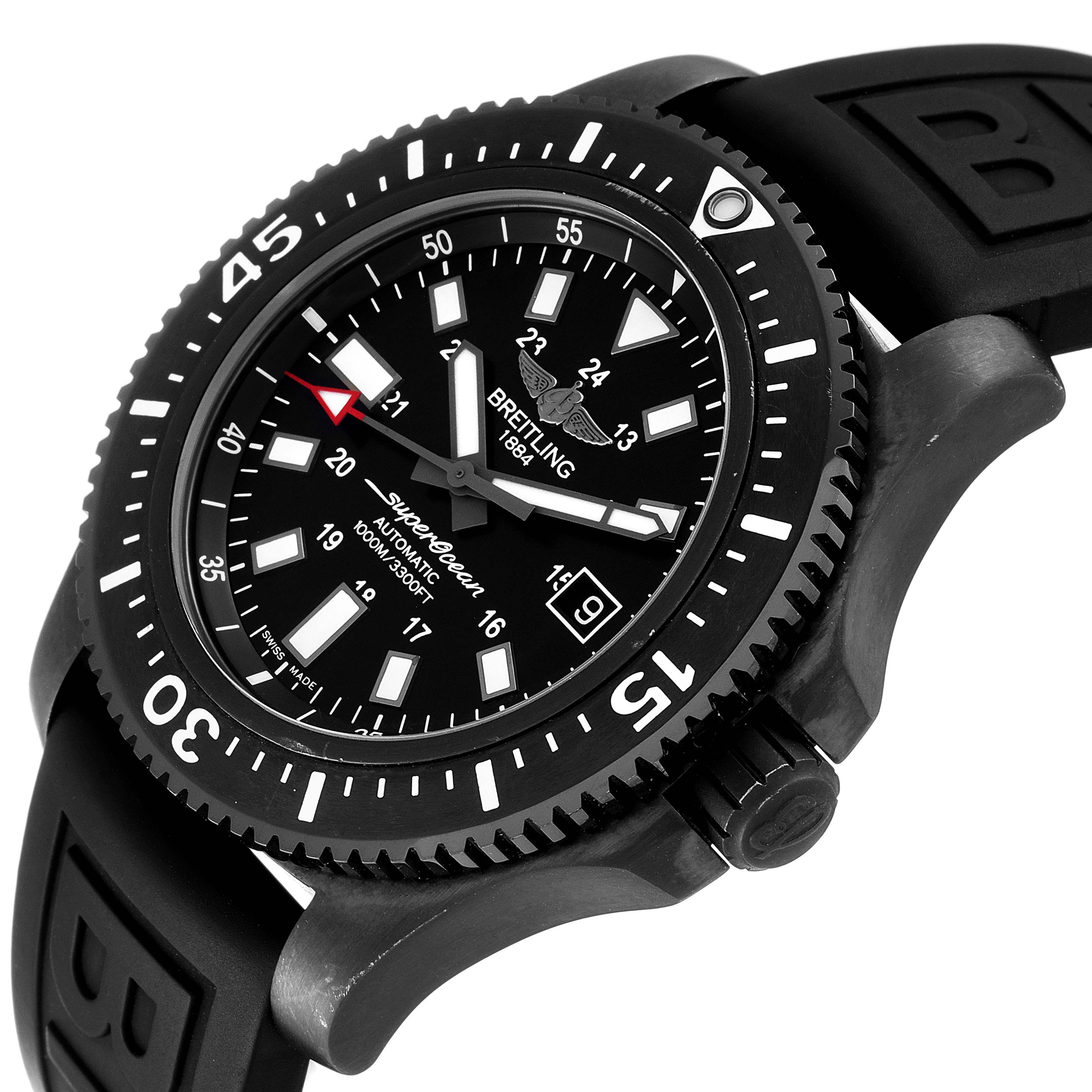 This image shows a close-up of the Breitling Superocean M17393 Men's Stainless Steel Black Dial M17393 Men's Stainless Steel Black Dial watch face, bezel, and part of the rubber strap at an angled view.
