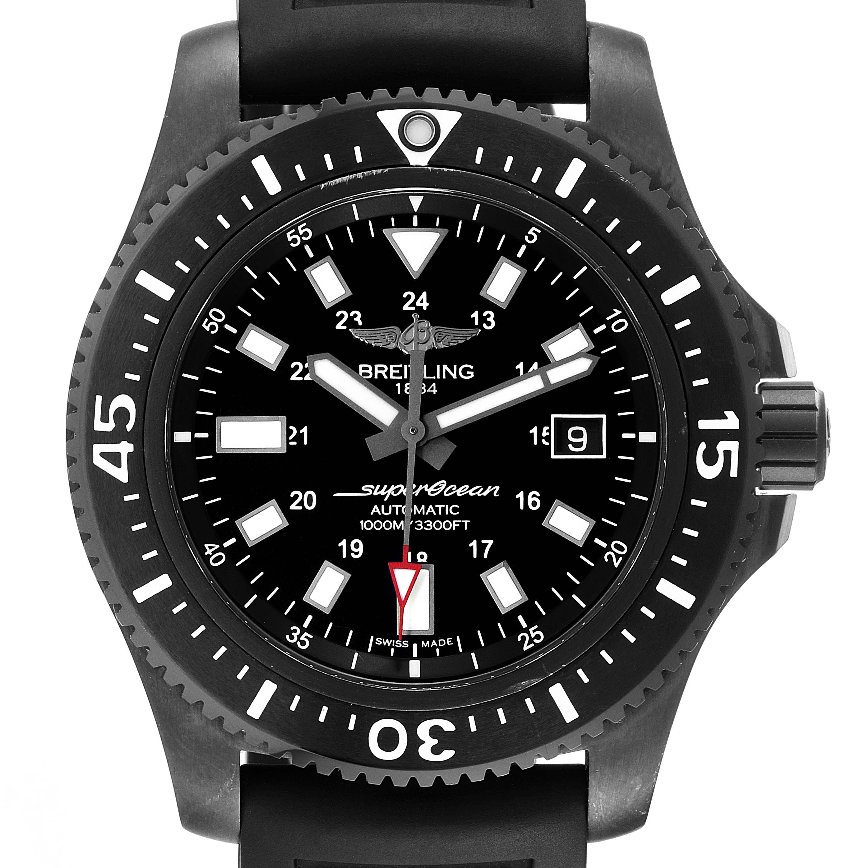This image shows a frontal view of the Breitling Superocean M17393 Men's Stainless Steel Black Dial M17393 Men's Stainless Steel Black Dial watch, displaying its black dial, bezel, and rubber strap.