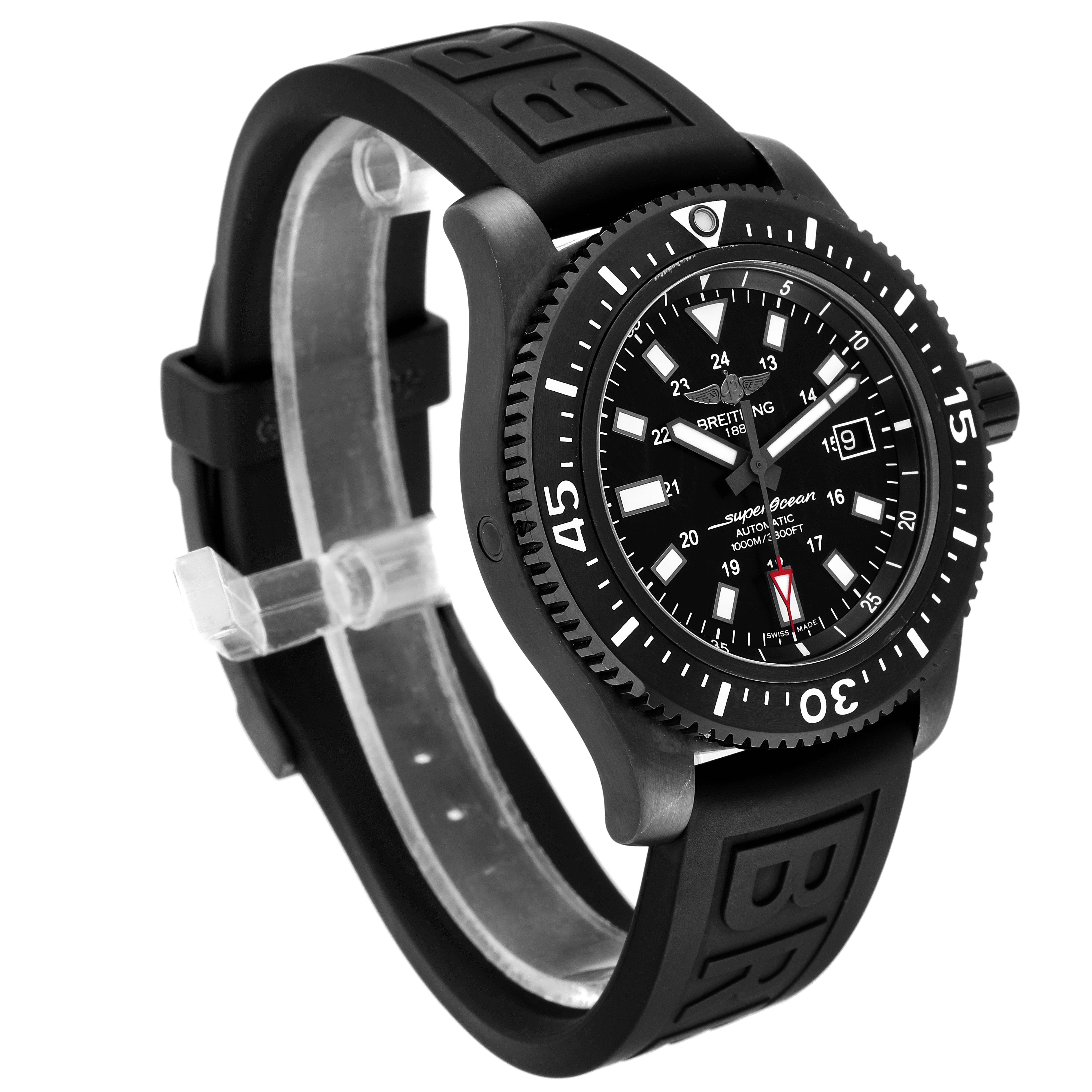 This image shows a Breitling Superocean M17393 Men's Stainless Steel Black Dial M17393 Men's Stainless Steel Black Dial watch at an angle displaying the face, bezel, strap, and crown.