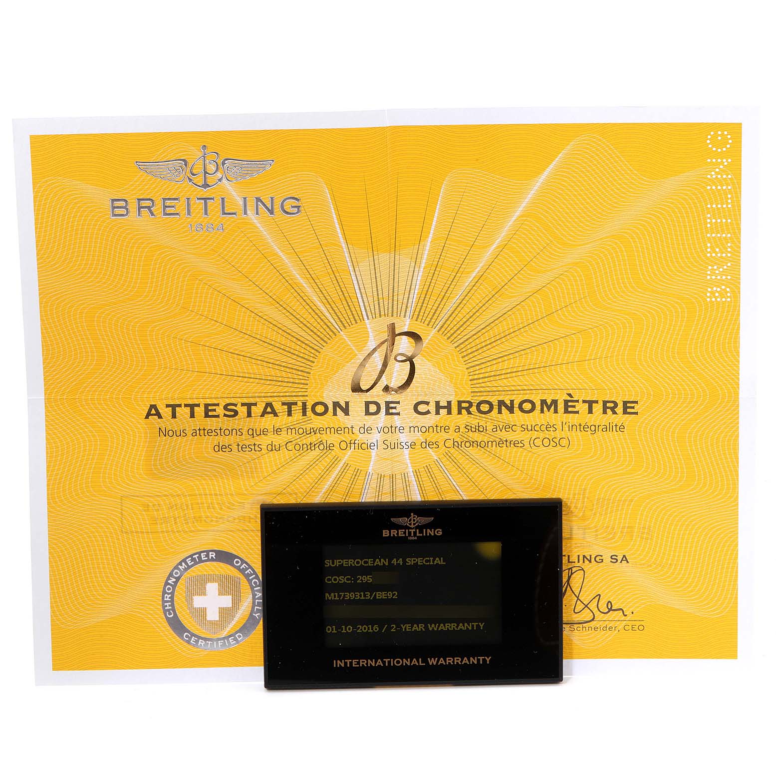 The image shows the certification and warranty card for the Breitling Superocean M17393 Men's Stainless Steel Black Dial M17393 Men's Stainless Steel Black Dial 44 Special watch.
