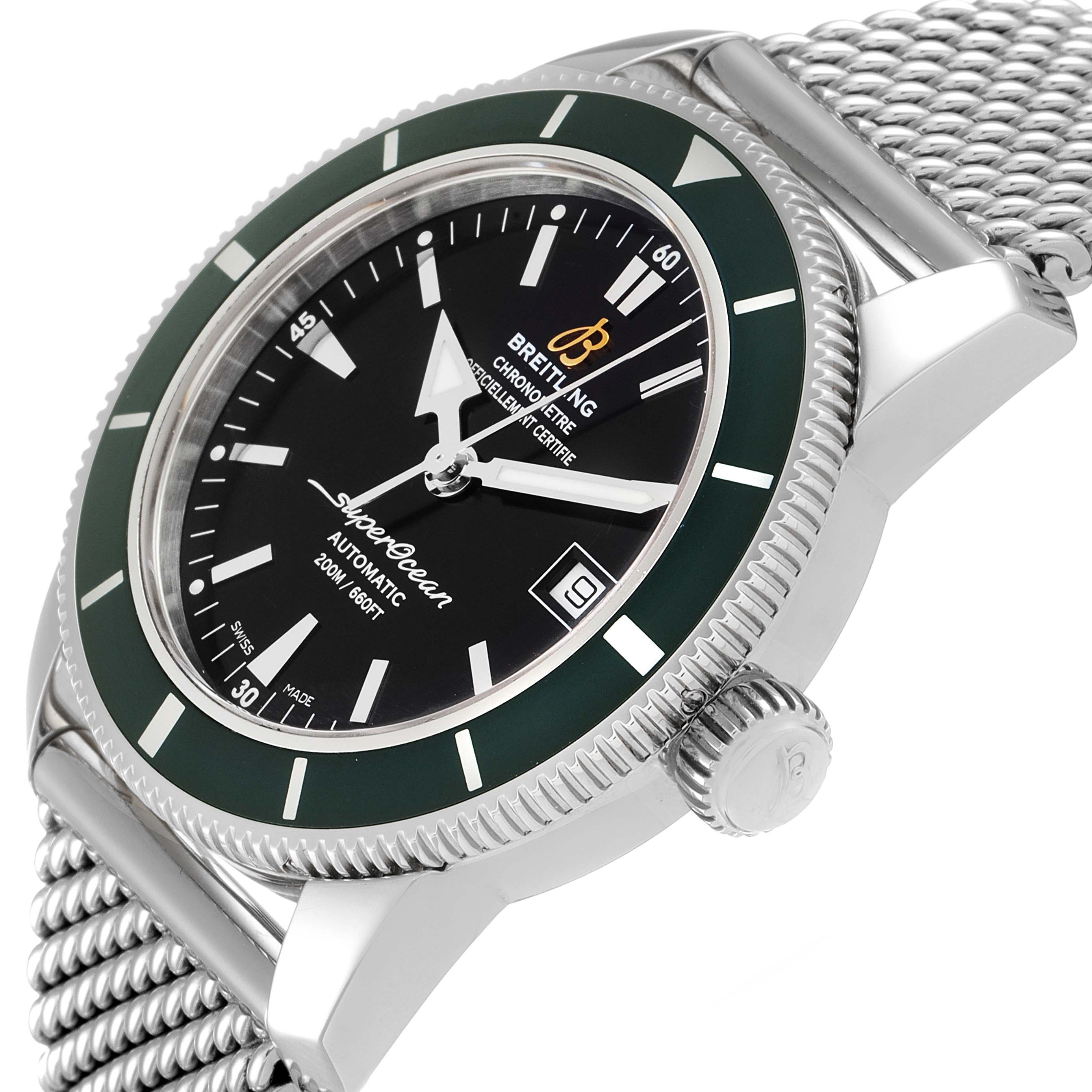 The image shows a Breitling Superocean A17321 Men
s Stainless Steel Black Dial A17321 Men
s Stainless Steel Black Dial model watch at a slight angle, highlighting the dial, bezel, crown, and mesh bracelet.