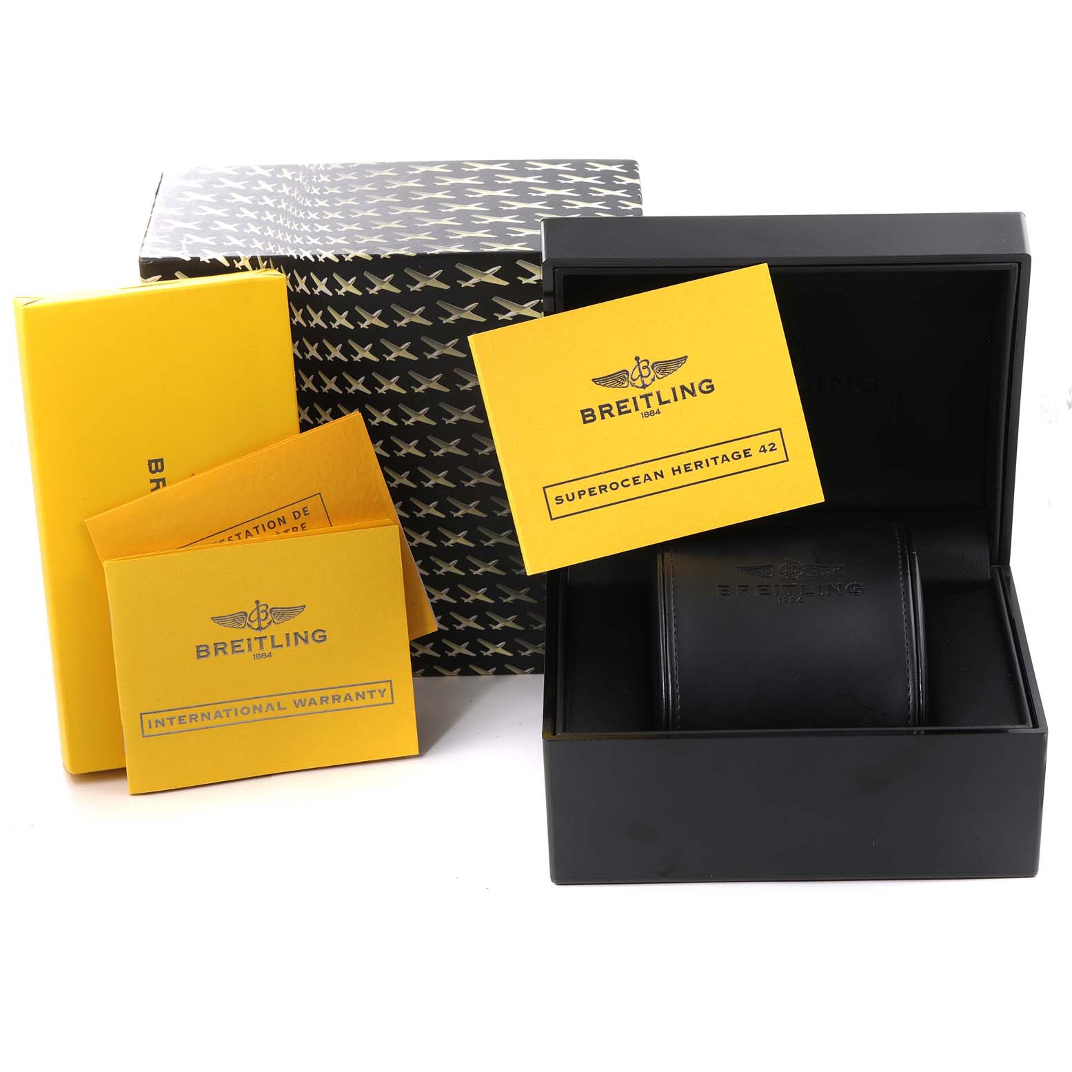 This image shows the Breitling Superocean A17321 Men
s Stainless Steel Black Dial A17321 Men
s Stainless Steel Black Dial model watch box, outer packaging, and accompanying paperwork.