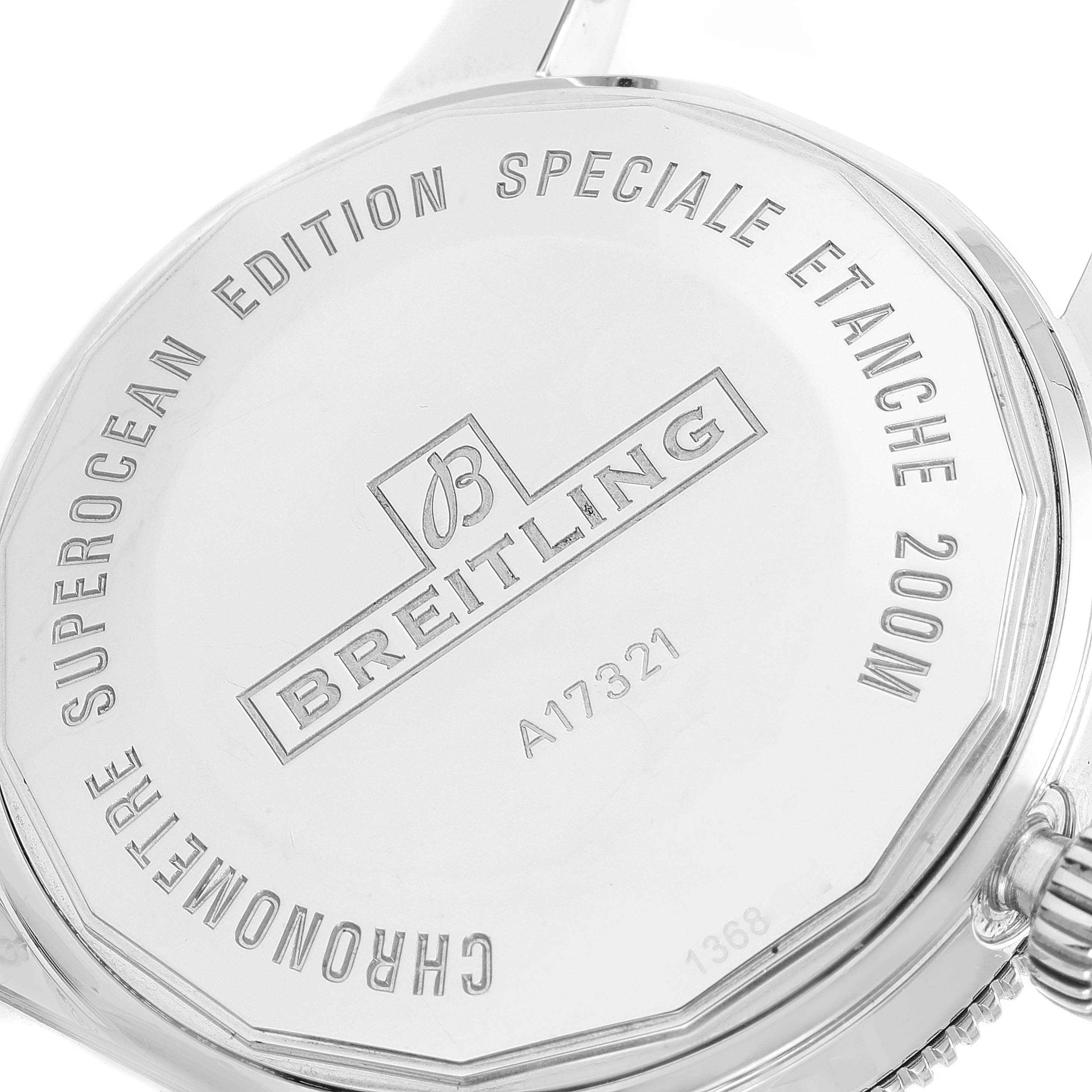 The image shows the back case of a Breitling Superocean A17321 Men
s Stainless Steel Black Dial A17321 Men
s Stainless Steel Black Dial watch, featuring branding and specifications.