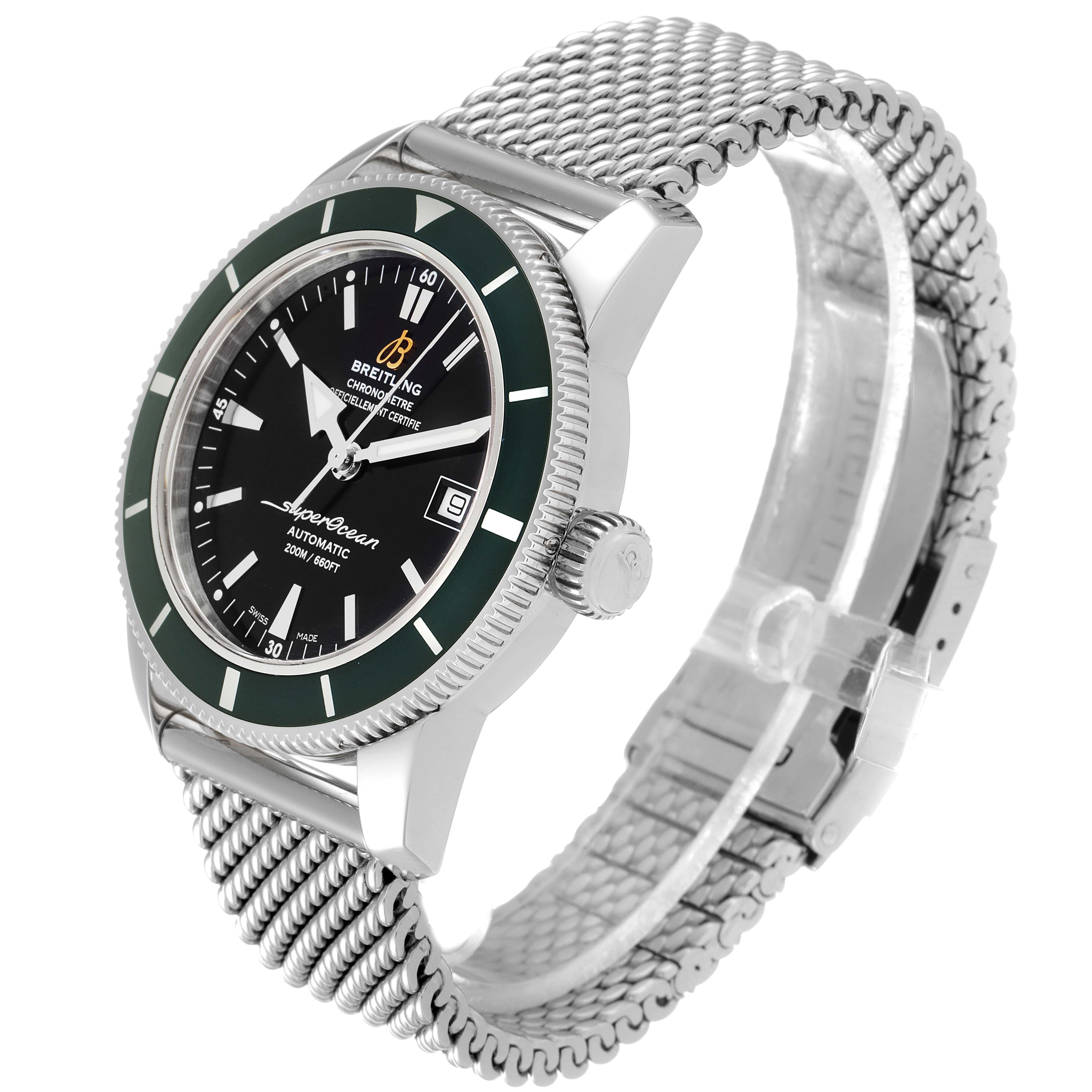 The image shows a Breitling Superocean A17321 Men
s Stainless Steel Black Dial A17321 Men
s Stainless Steel Black Dial watch at a three-quarter angle, highlighting the dial, bezel, crown, and metal mesh band.