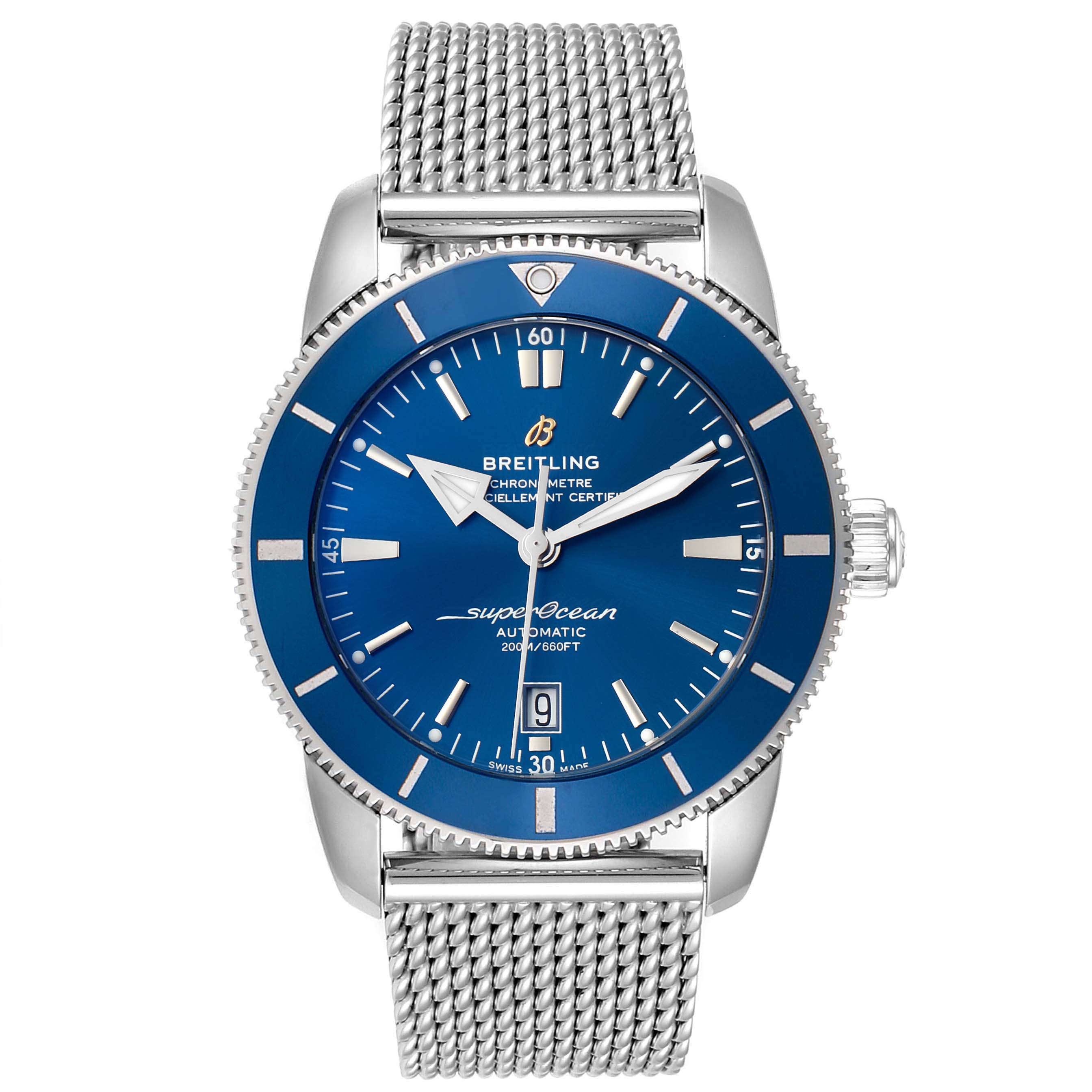 The image shows a front view of the Breitling Superocean AB202016-C961-152A Men
s Stainless Steel Blue Dial AB202016-C961-152A Men
s Stainless Steel Blue Dial watch, displaying the dial, hands, bezel, and metal mesh bracelet.