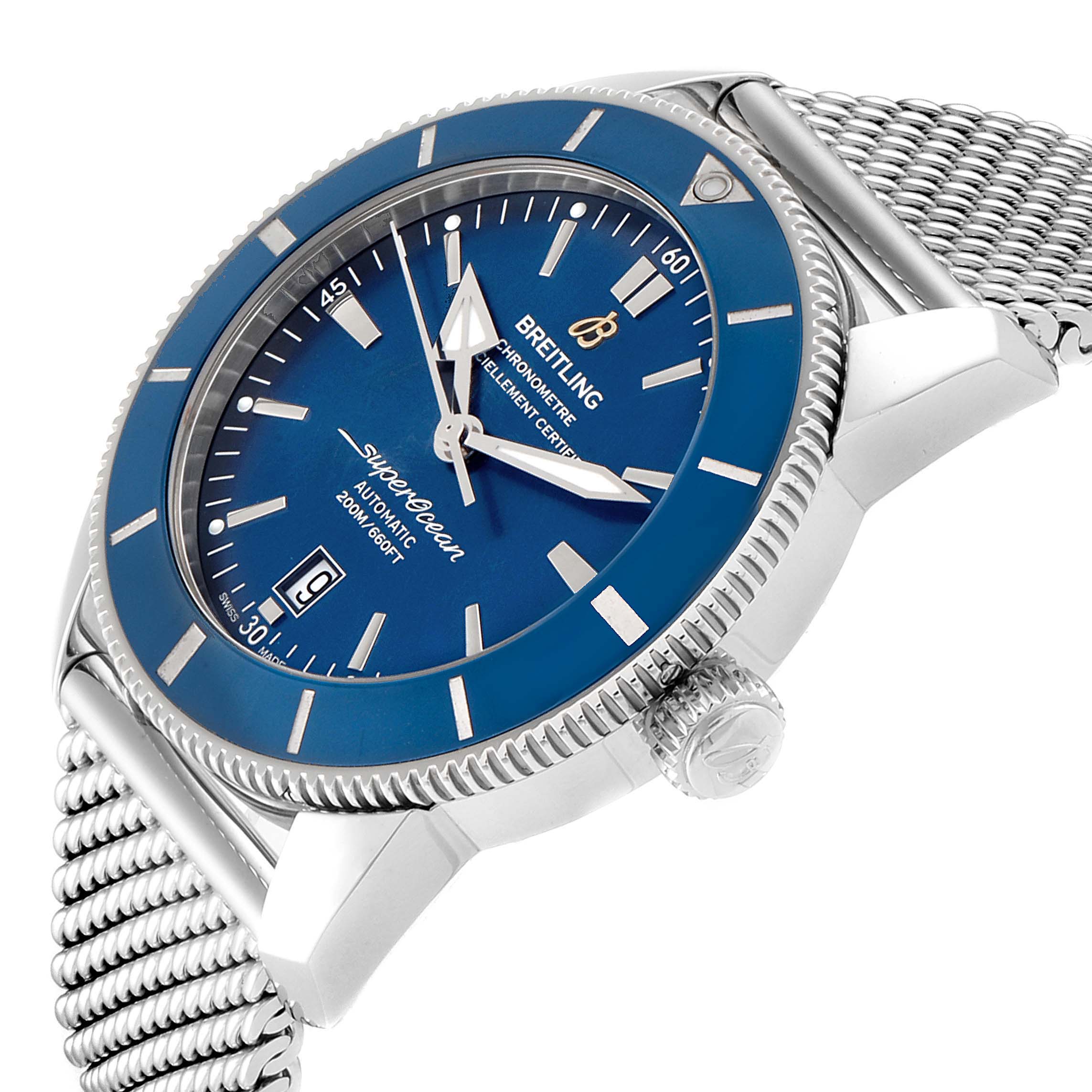 The Breitling Superocean AB202016-C961-152A Men
s Stainless Steel Blue Dial AB202016-C961-152A Men
s Stainless Steel Blue Dial watch is shown from an angled view, highlighting the dial, bezel, crown, and mesh bracelet.