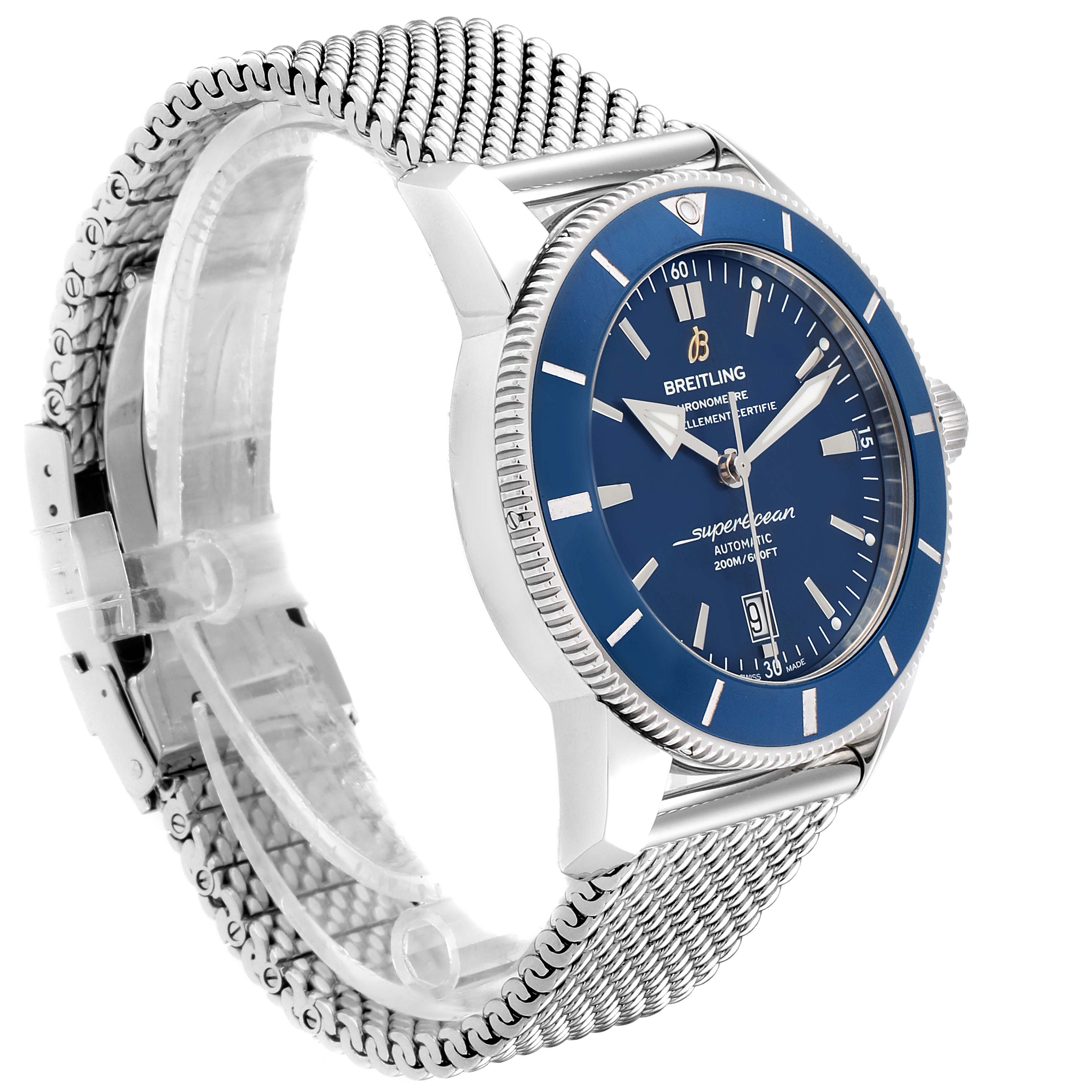 This Breitling Superocean AB202016-C961-152A Men
s Stainless Steel Blue Dial AB202016-C961-152A Men
s Stainless Steel Blue Dial watch is shown at a three-quarter angle, highlighting its blue dial, bezel, and metal mesh strap.
