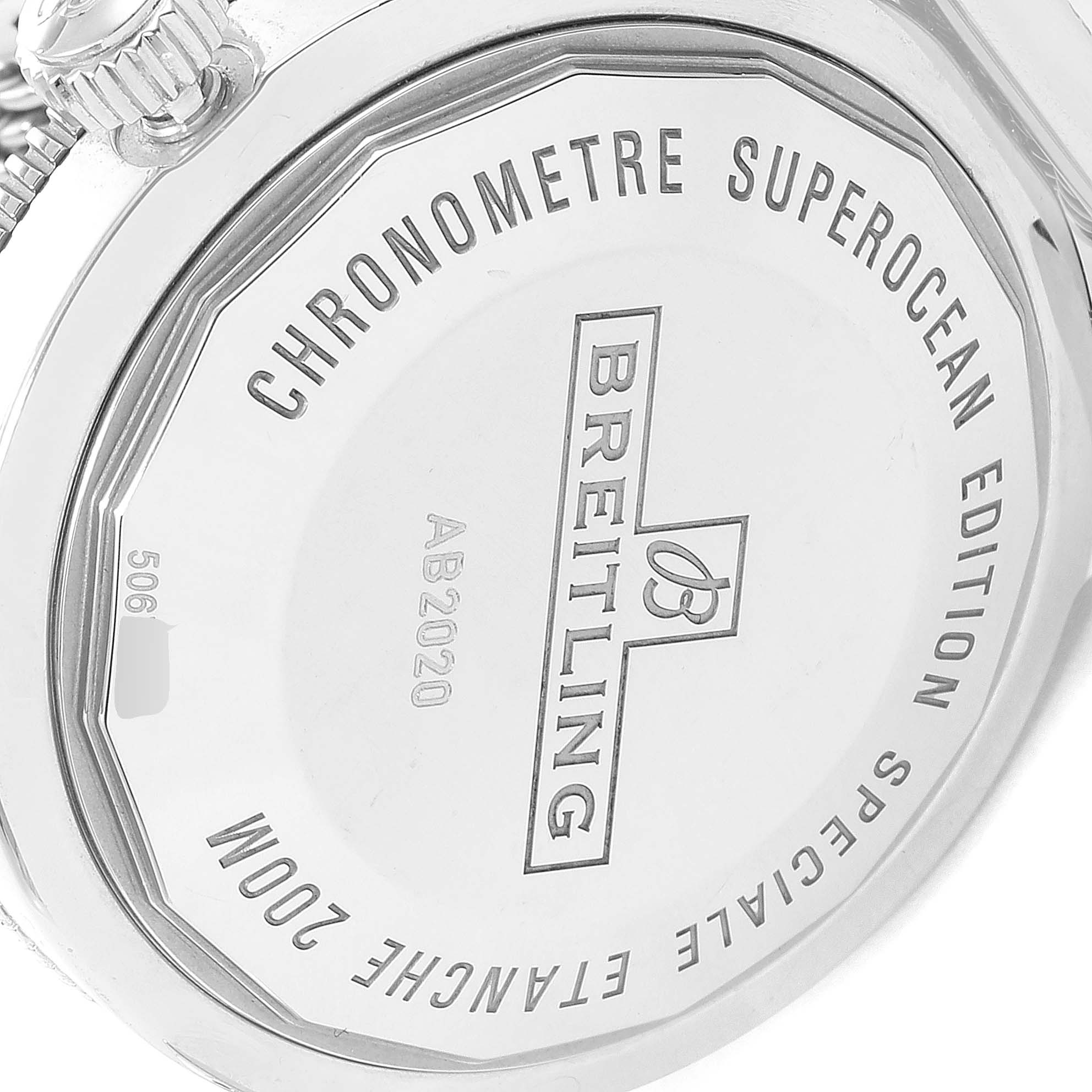 This image shows the back case of a Breitling Superocean AB202016-C961-152A Men
s Stainless Steel Blue Dial AB202016-C961-152A Men
s Stainless Steel Blue Dial model watch, displaying the brand
s name and specifications.