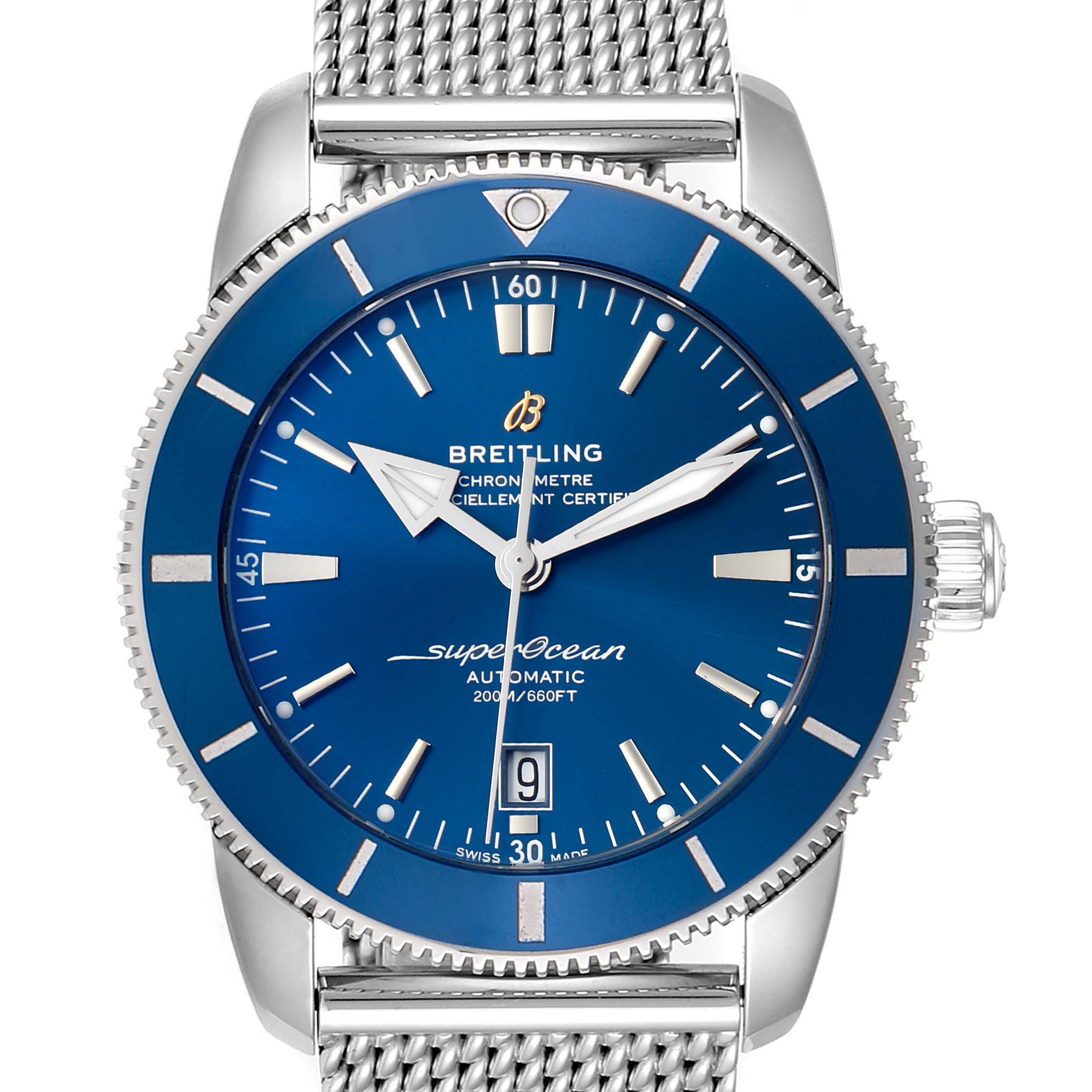 The image displays a frontal view of a Breitling Superocean AB202016-C961-152A Men
s Stainless Steel Blue Dial AB202016-C961-152A Men
s Stainless Steel Blue Dial watch, featuring a blue dial and a silver mesh strap.