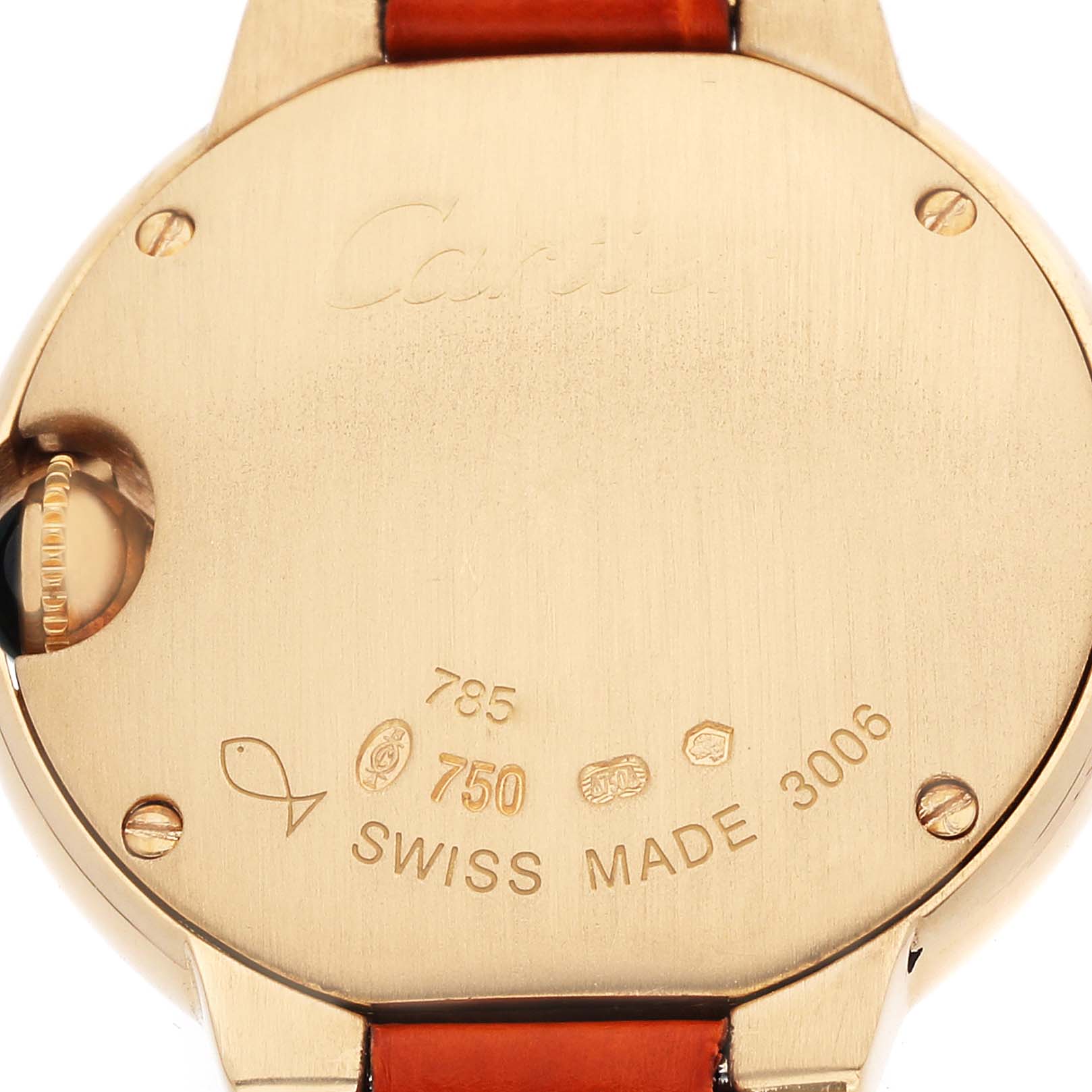 The image shows the back of a Cartier Ballon Bleu WE900151 Women's Yellow Gold Silver Dial watch, highlighting the engraving and markings on the case.