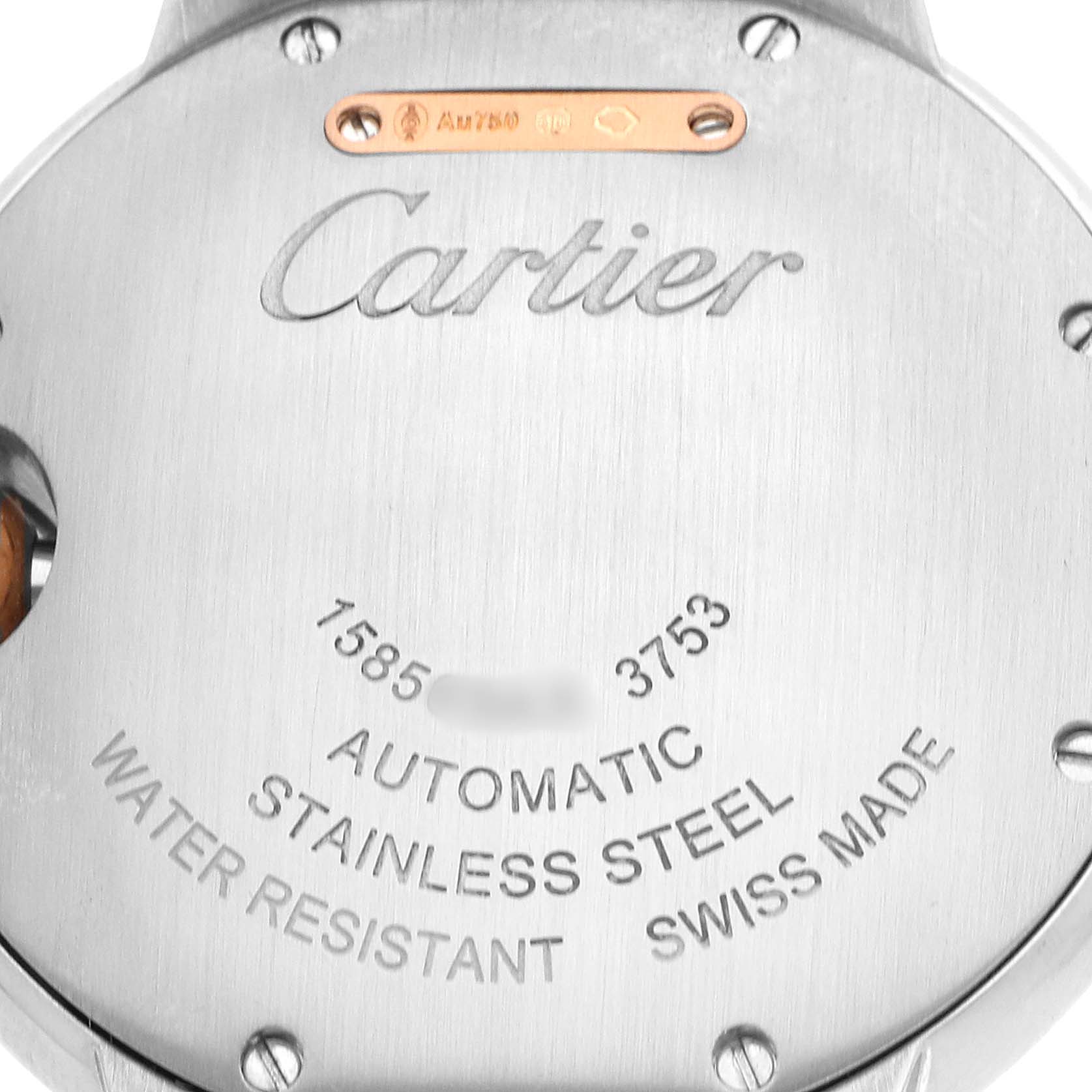 The image shows the back case of a Cartier Ballon Bleu WE902077 Women's Steel and Gold (two tone) Silver Dial watch, featuring engravings and material specifications.