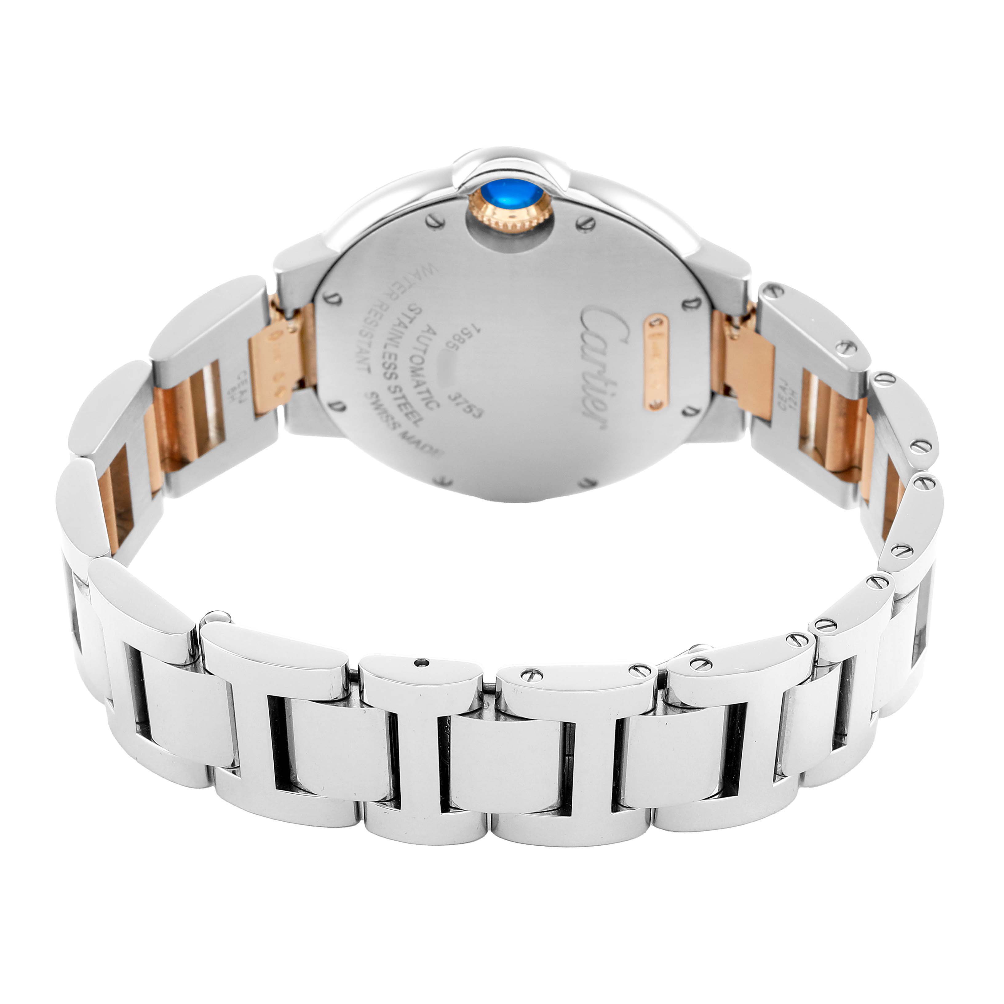 The image shows the back view of the Cartier Ballon Bleu WE902077 Women's Steel and Gold (two tone) Silver Dial watch, highlighting the stainless steel case and metal bracelet.