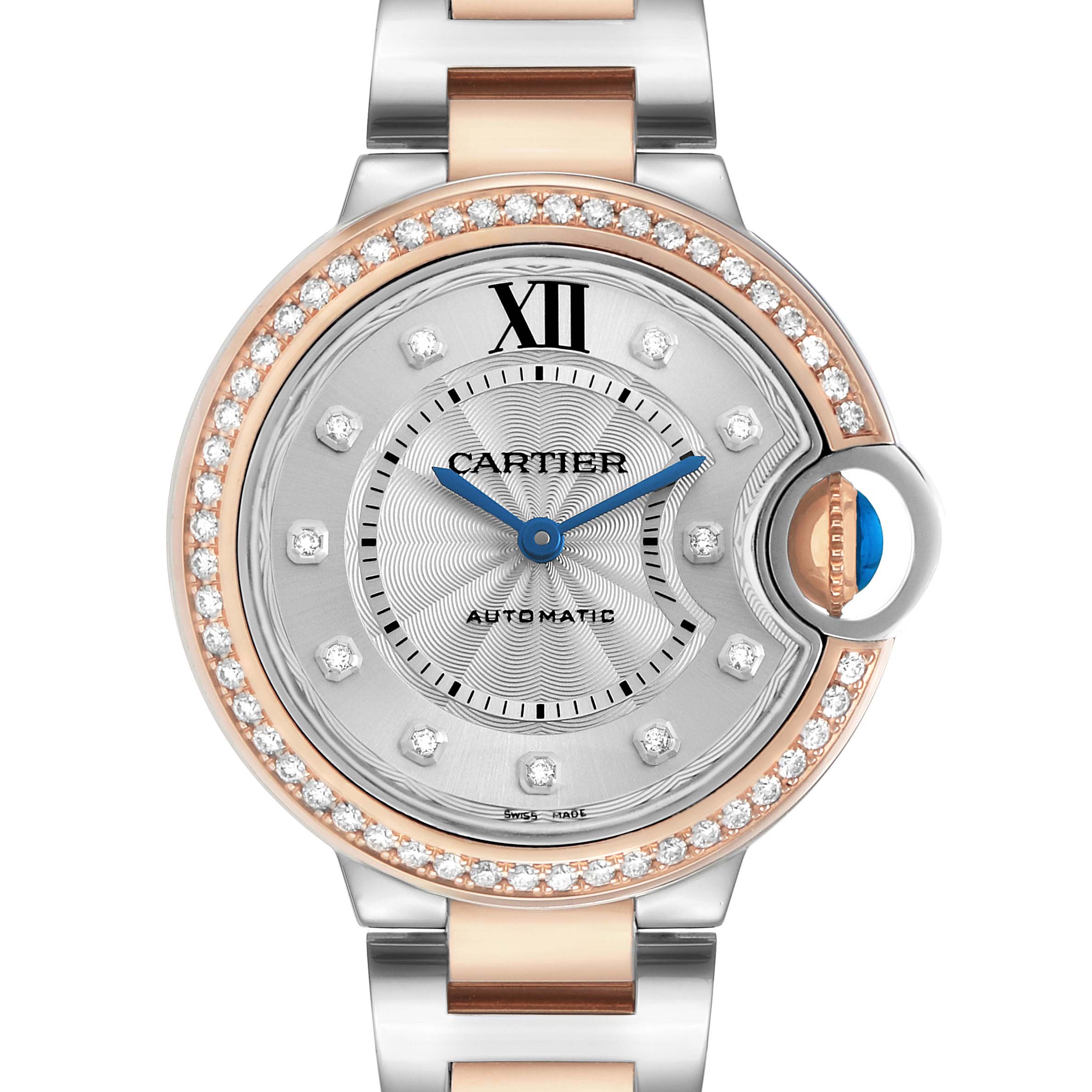 The image shows the face of the Cartier Ballon Bleu WE902077 Women's Steel and Gold (two tone) Silver Dial watch, highlighting the dial, diamond-set bezel, and part of the bracelet.