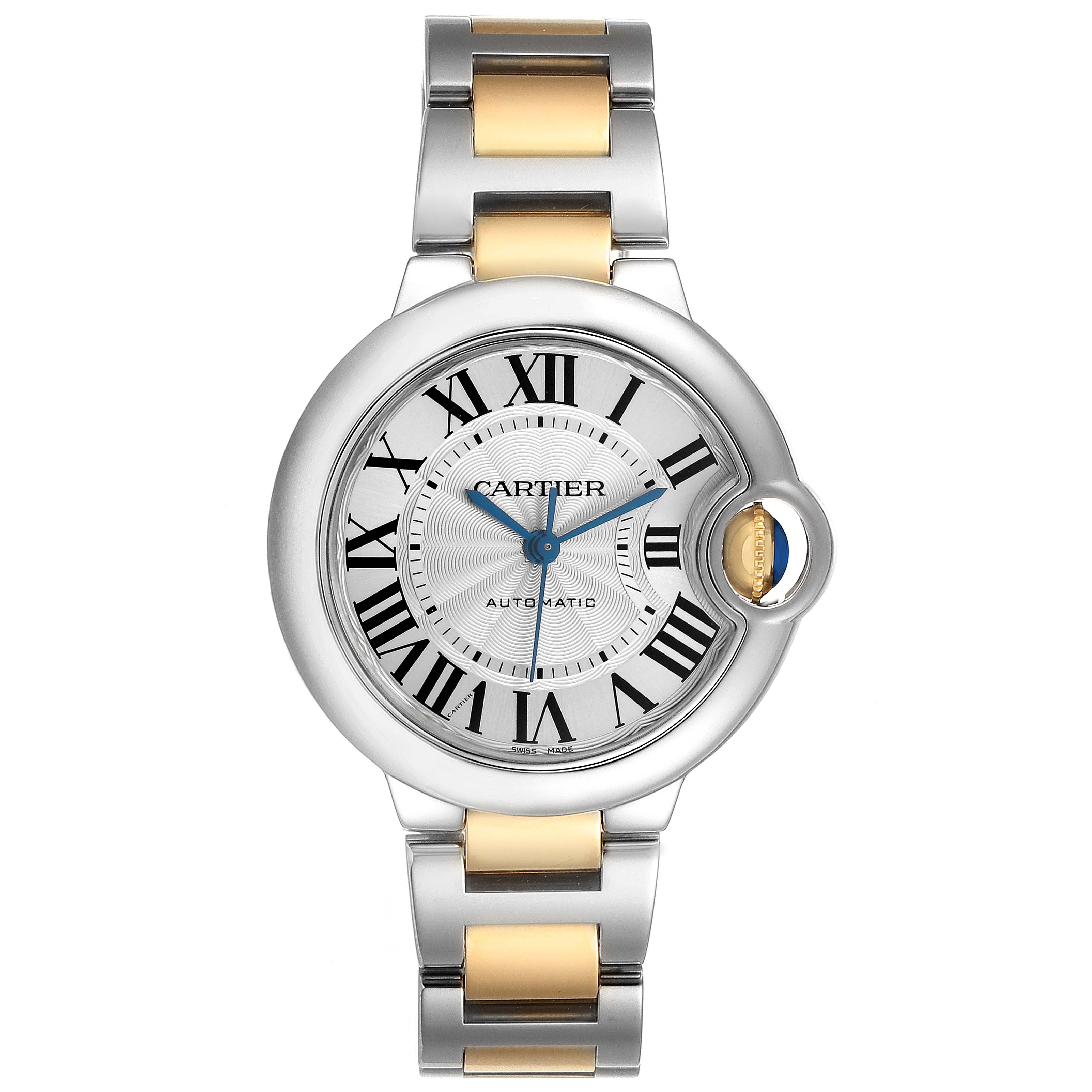 The Cartier Ballon Bleu W2BB0002 Women's Steel and Gold (two tone) Silver Dial watch is shown from a frontal angle, highlighting the dial, crown, and bracelet.