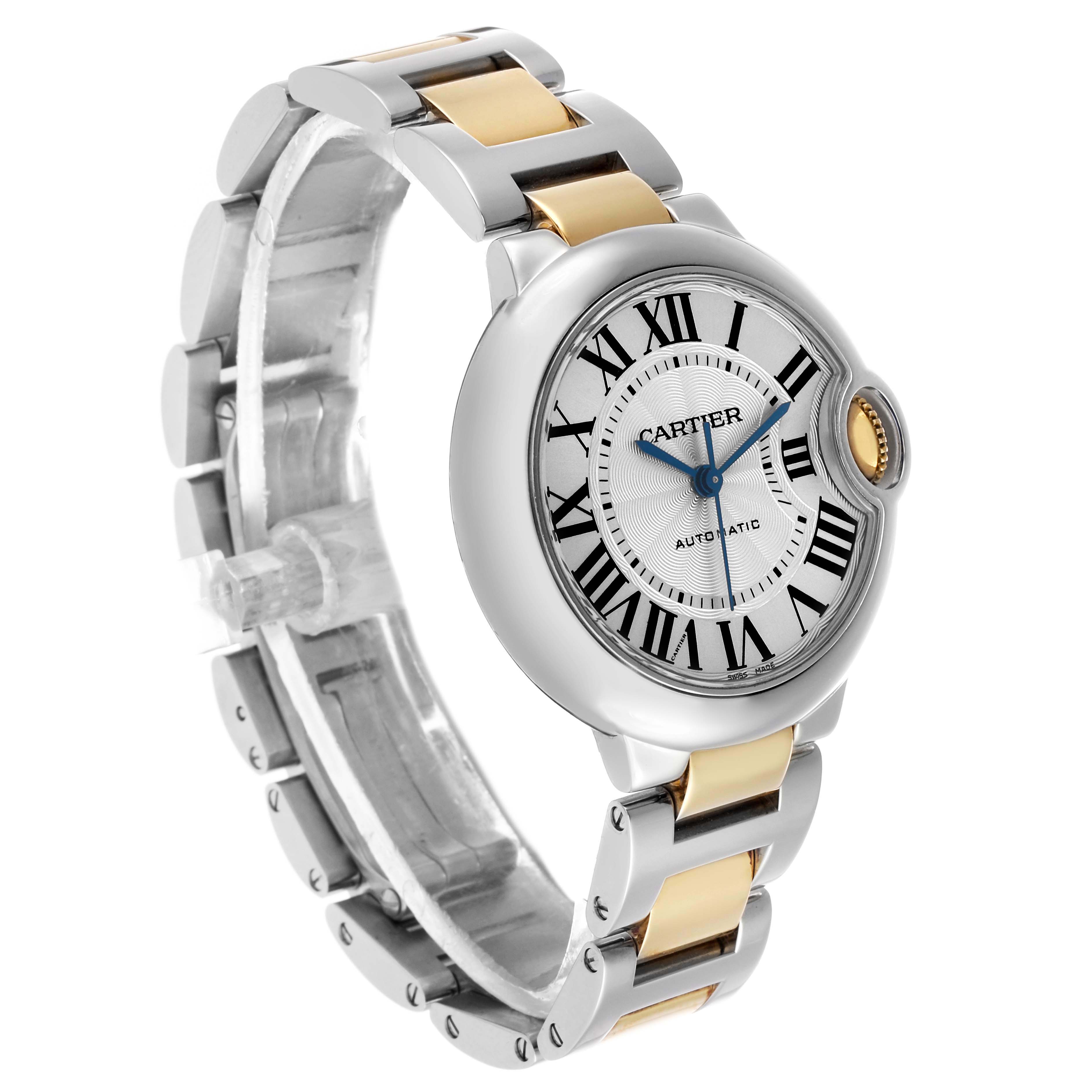 The Cartier Ballon Bleu W2BB0002 Women's Steel and Gold (two tone) Silver Dial watch is shown at a three-quarter angle, highlighting the bracelet and crown.