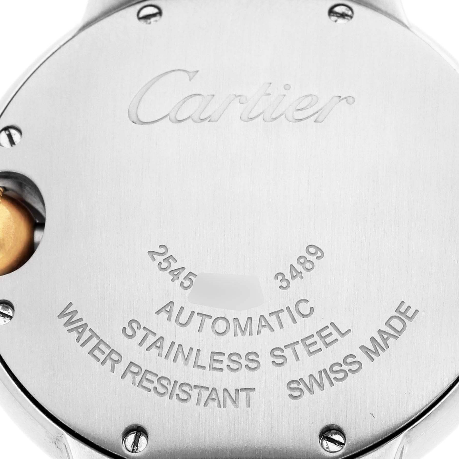 The image shows the back case of a Cartier Ballon Bleu W2BB0002 Women's Steel and Gold (two tone) Silver Dial watch with engraved details.