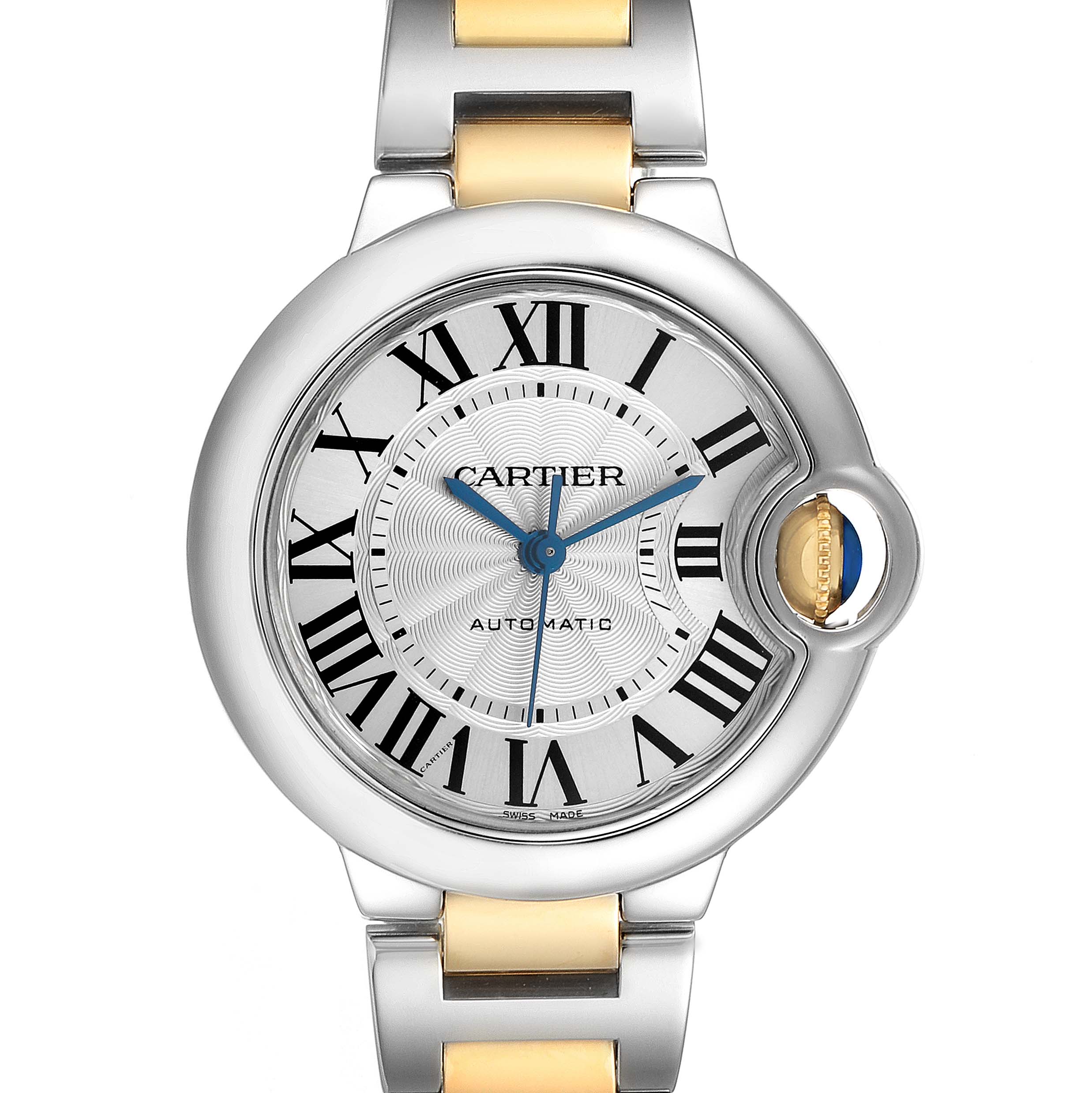 The Cartier Ballon Bleu W2BB0002 Women's Steel and Gold (two tone) Silver Dial watch is shown from the front, highlighting its round case, Roman numerals, and metallic bracelet.