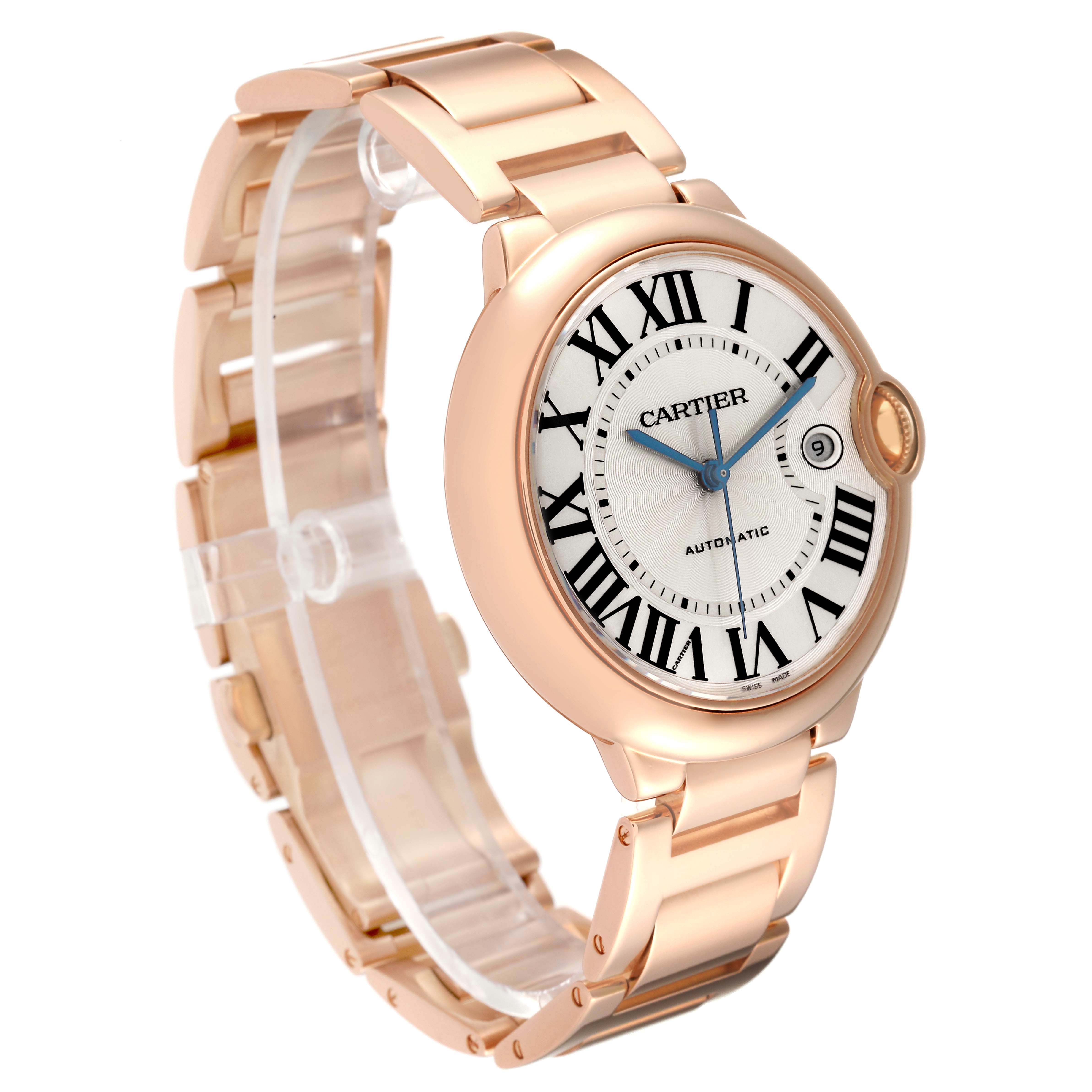 The image shows a side angle of the Cartier Ballon Bleu W69006Z2 Men
s Rose Gold Silver Dial, displaying the watch face, bracelet, and side crown.